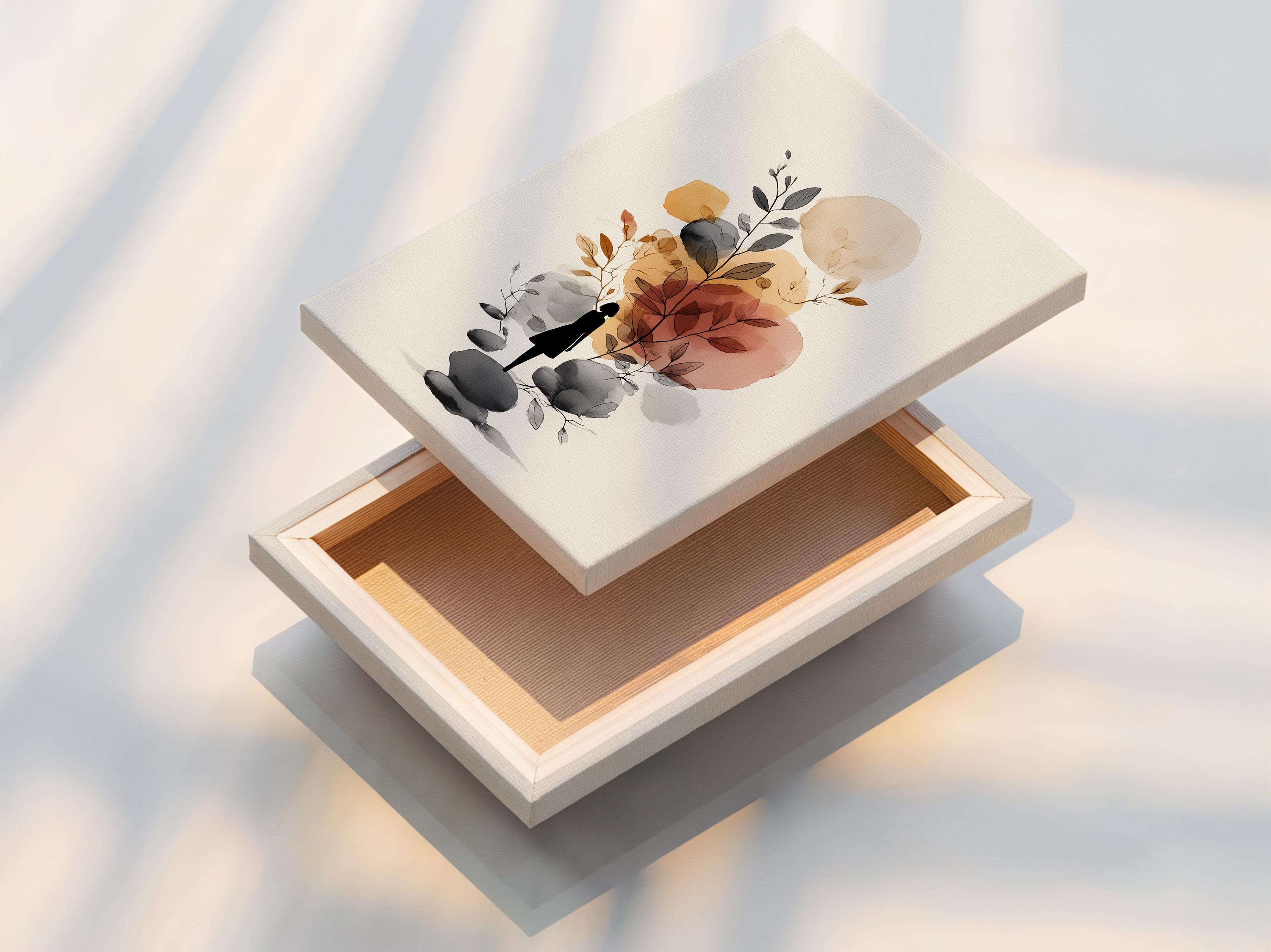 Minimalist botanical illustration with a woman silhouette, leaves, and rounded stones in neutral tones detail view