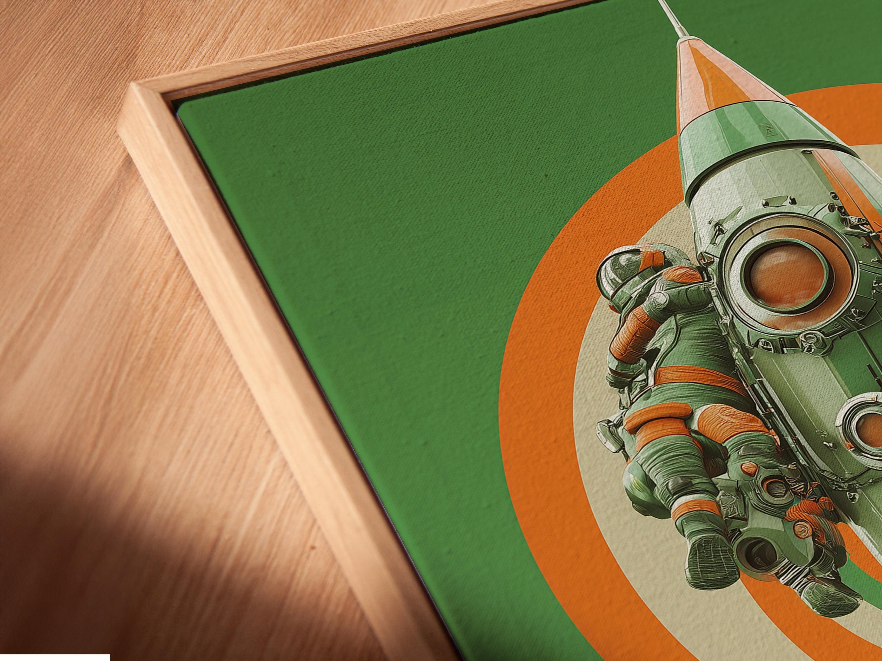 Retro space rocket with astronaut, mint green background and orange concentric rays detail view