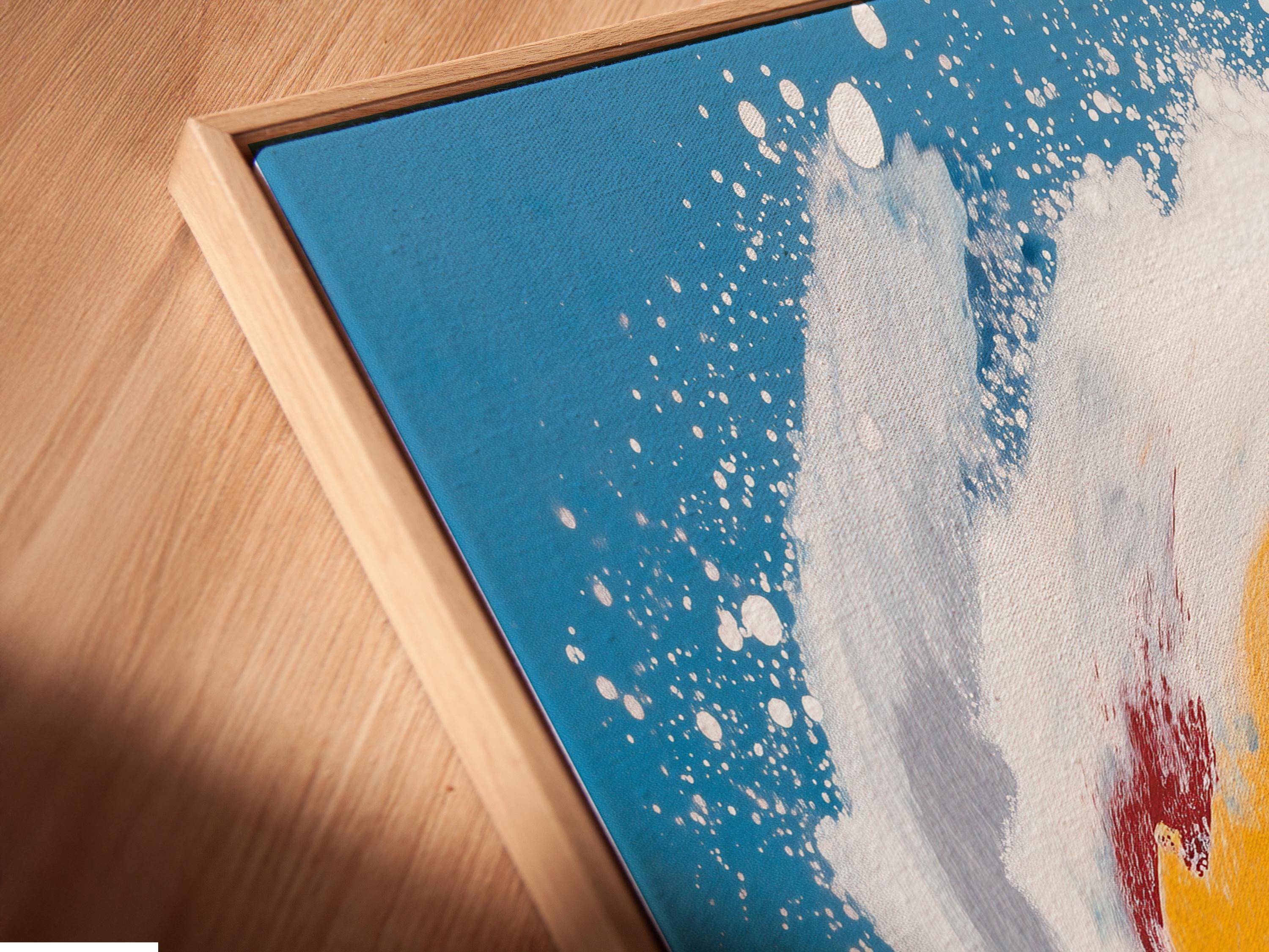 Abstract ocean wave painting with foamy white crest on teal blue background detail view
