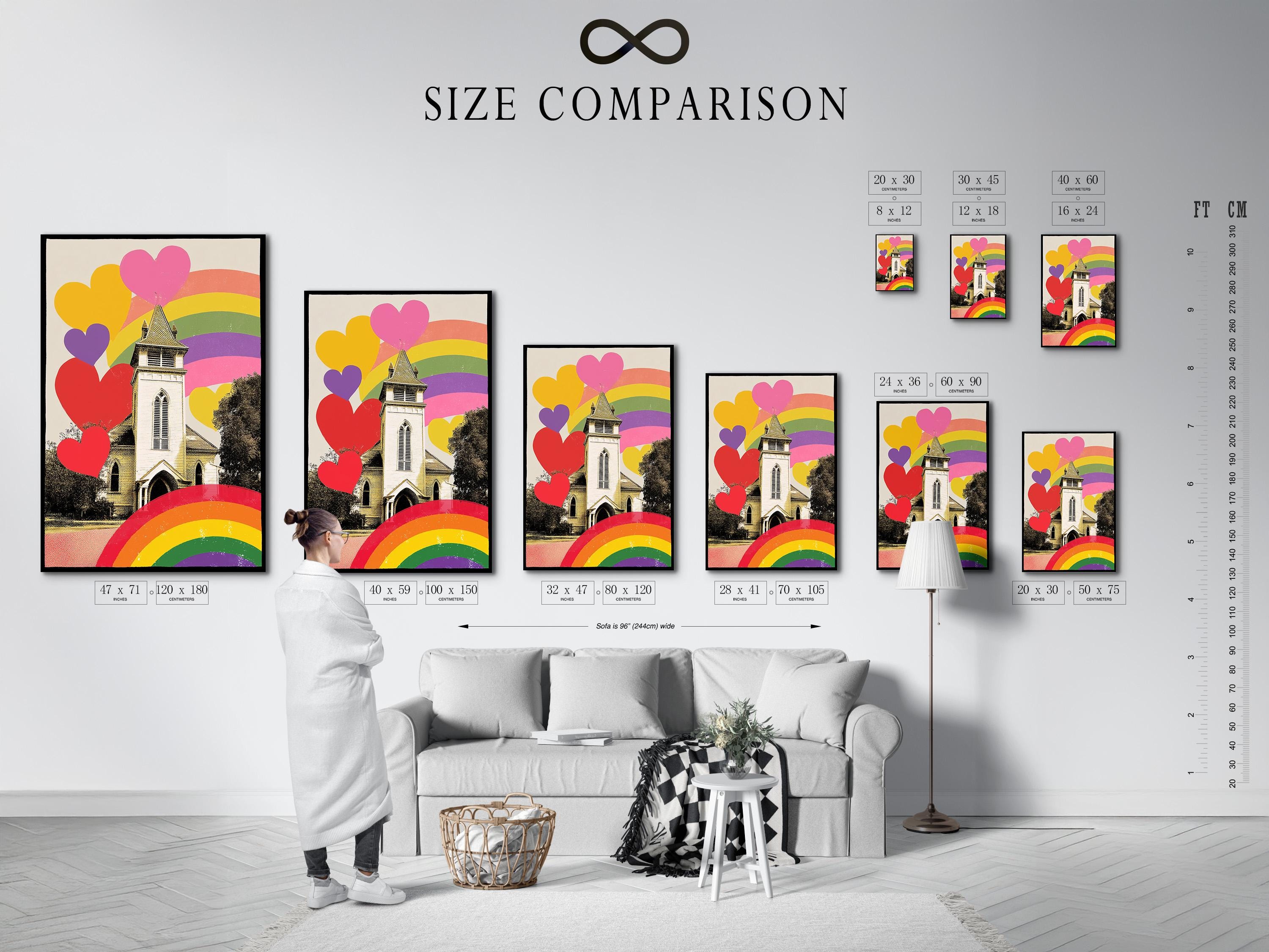 A person holding a mug sitting in a bedroom with a framed rainbow hearts church artwork on the wall