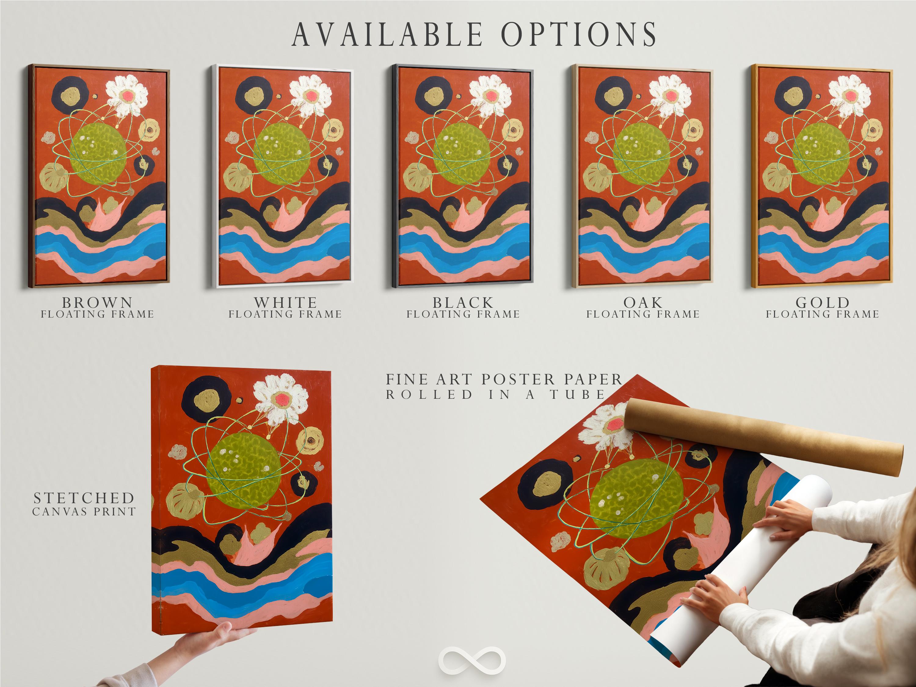 Burnt orange abstract artwork with a mottled green oval, turquoise looping lines, and a white flower with pink centre detail view