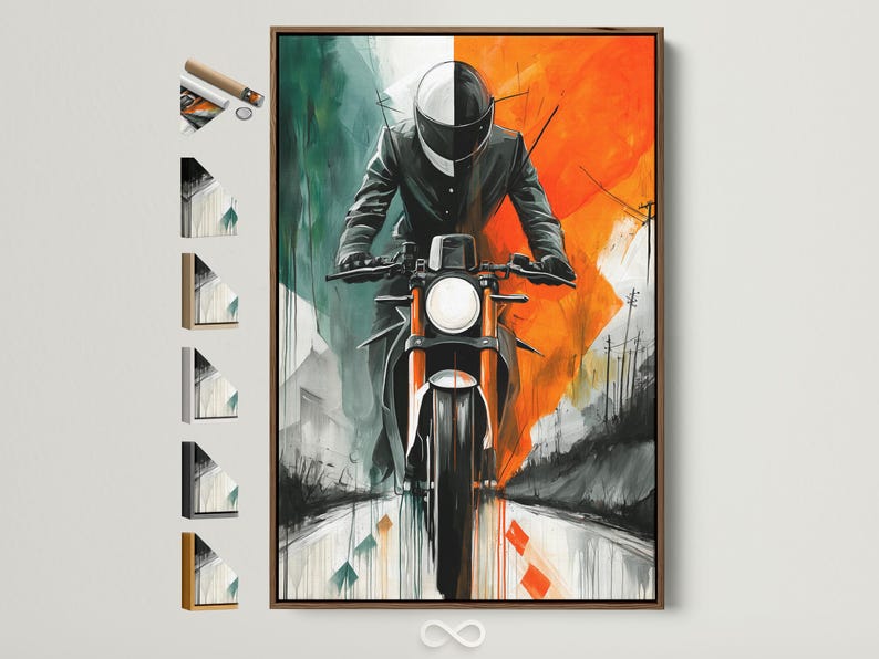 Stylised motorcyclist with helmet, headlight and retro road scene in orange, teal and grey