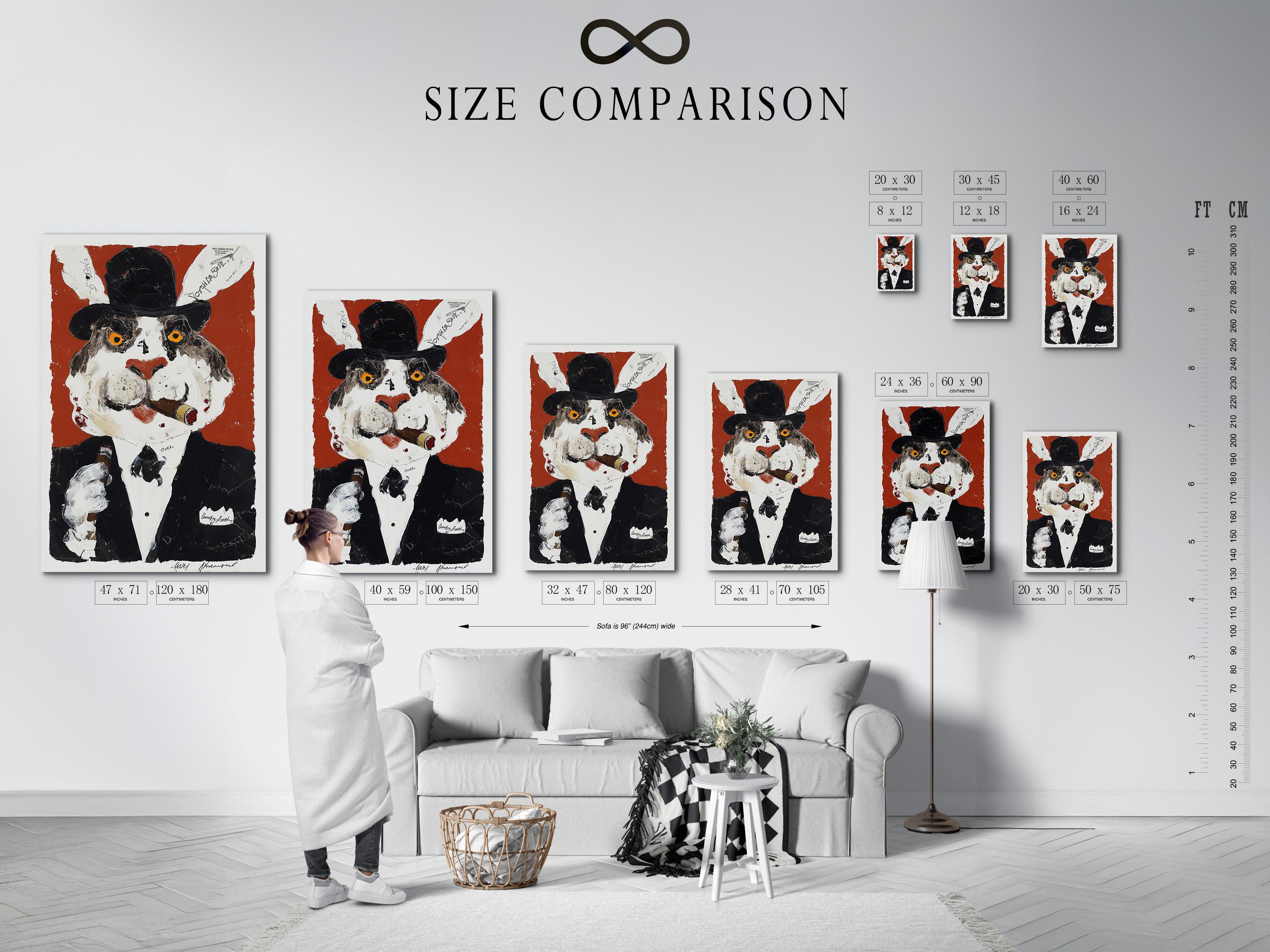 Room mockup showing a framed rabbit gentleman portrait on a wall