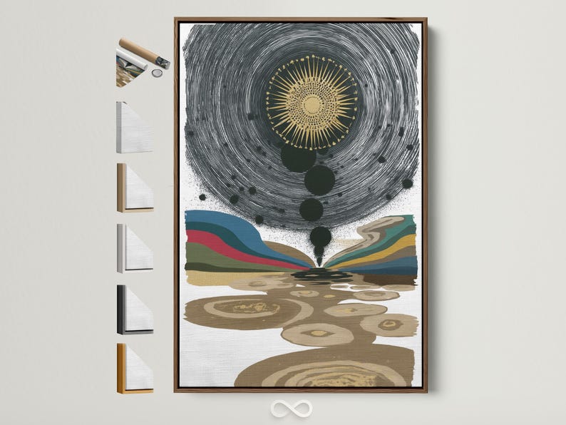 Abstract celestial eye with gold sunburst, concentric black lines and multicoloured wave bands