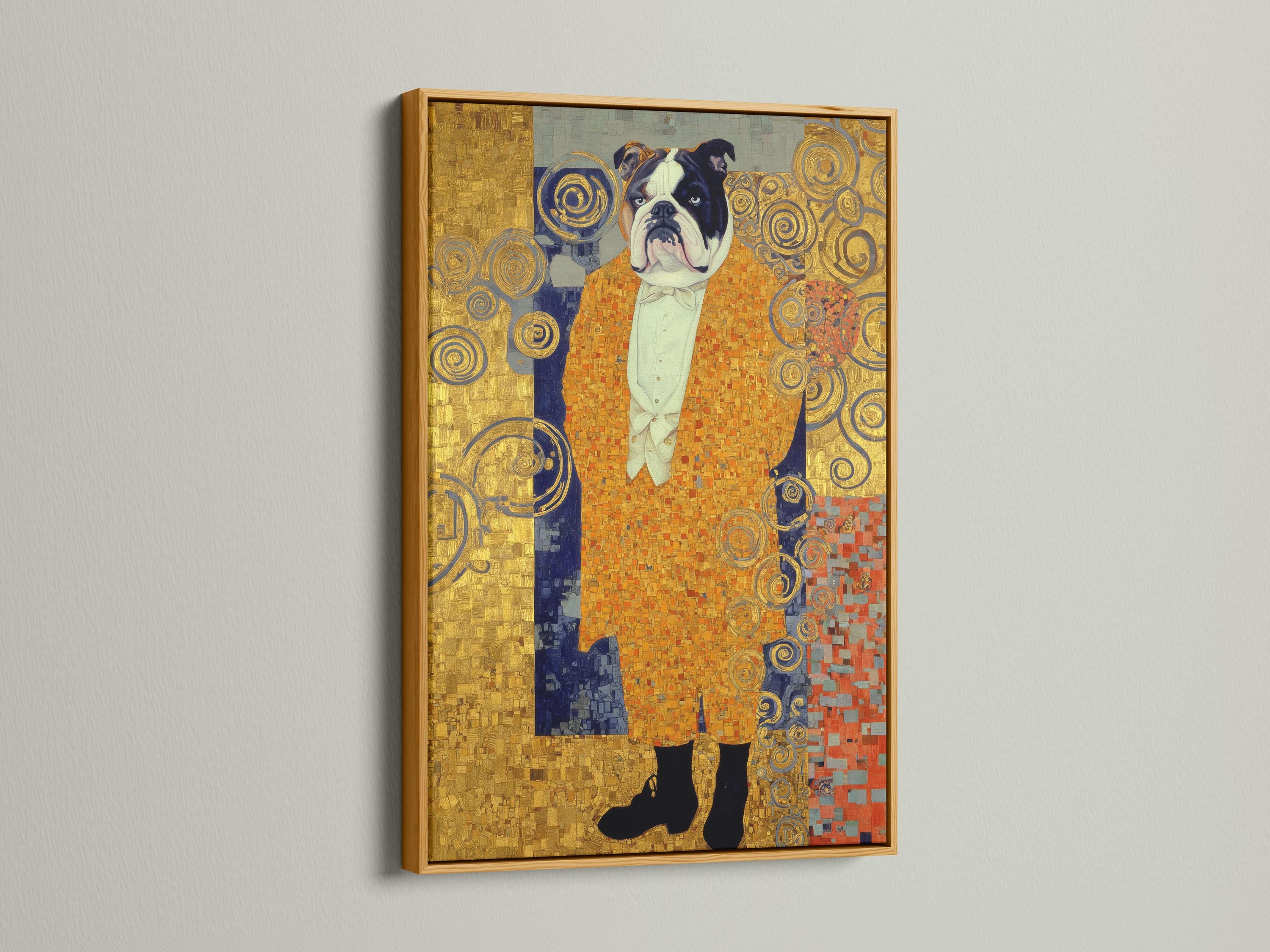 Stylised bulldog portrait with gold ornamental swirls and mosaic-like background in blue and warm reds detail view