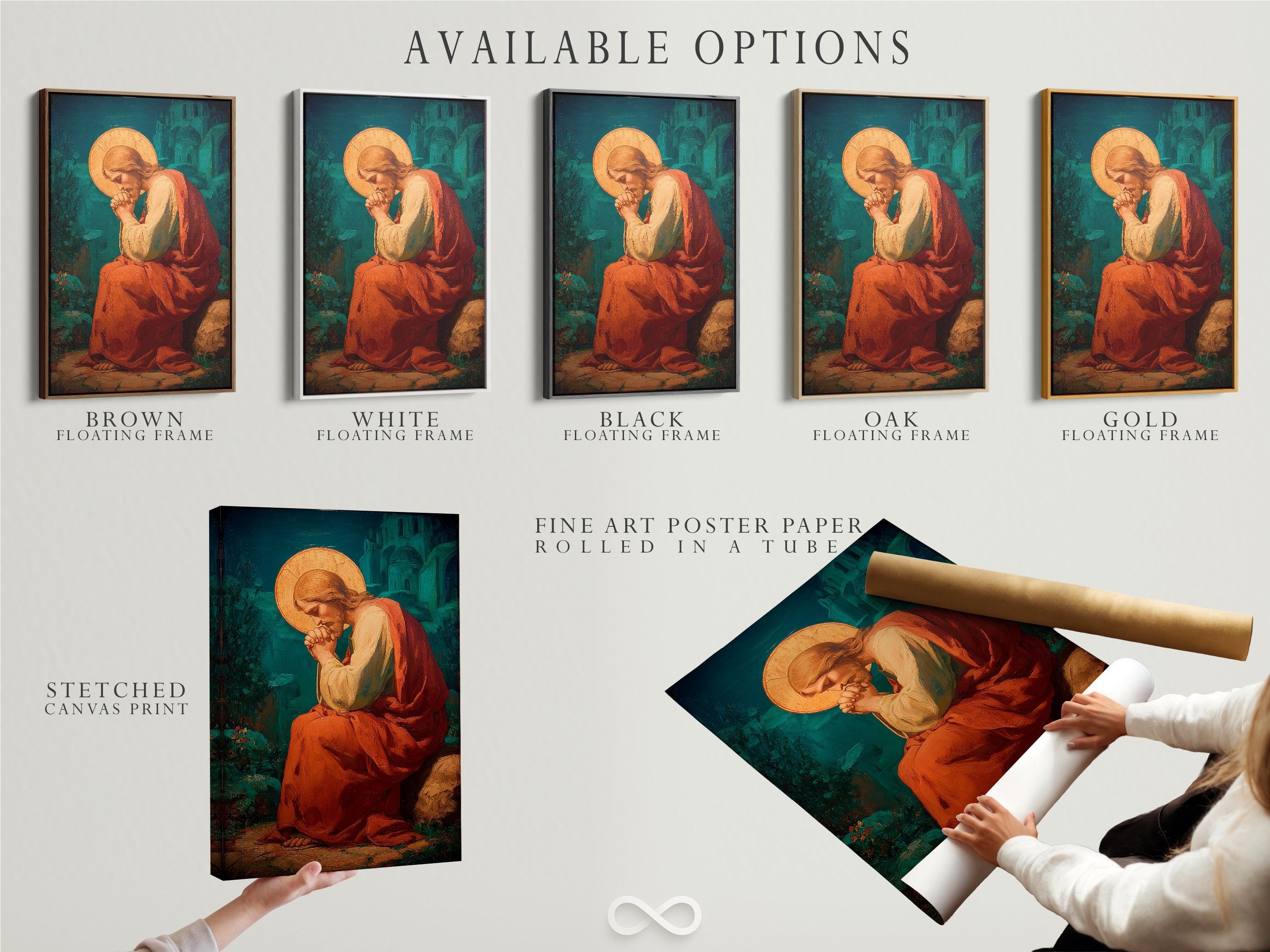 Wall mockup showing a framed painting with a praying figure and gold halo on a beige wall