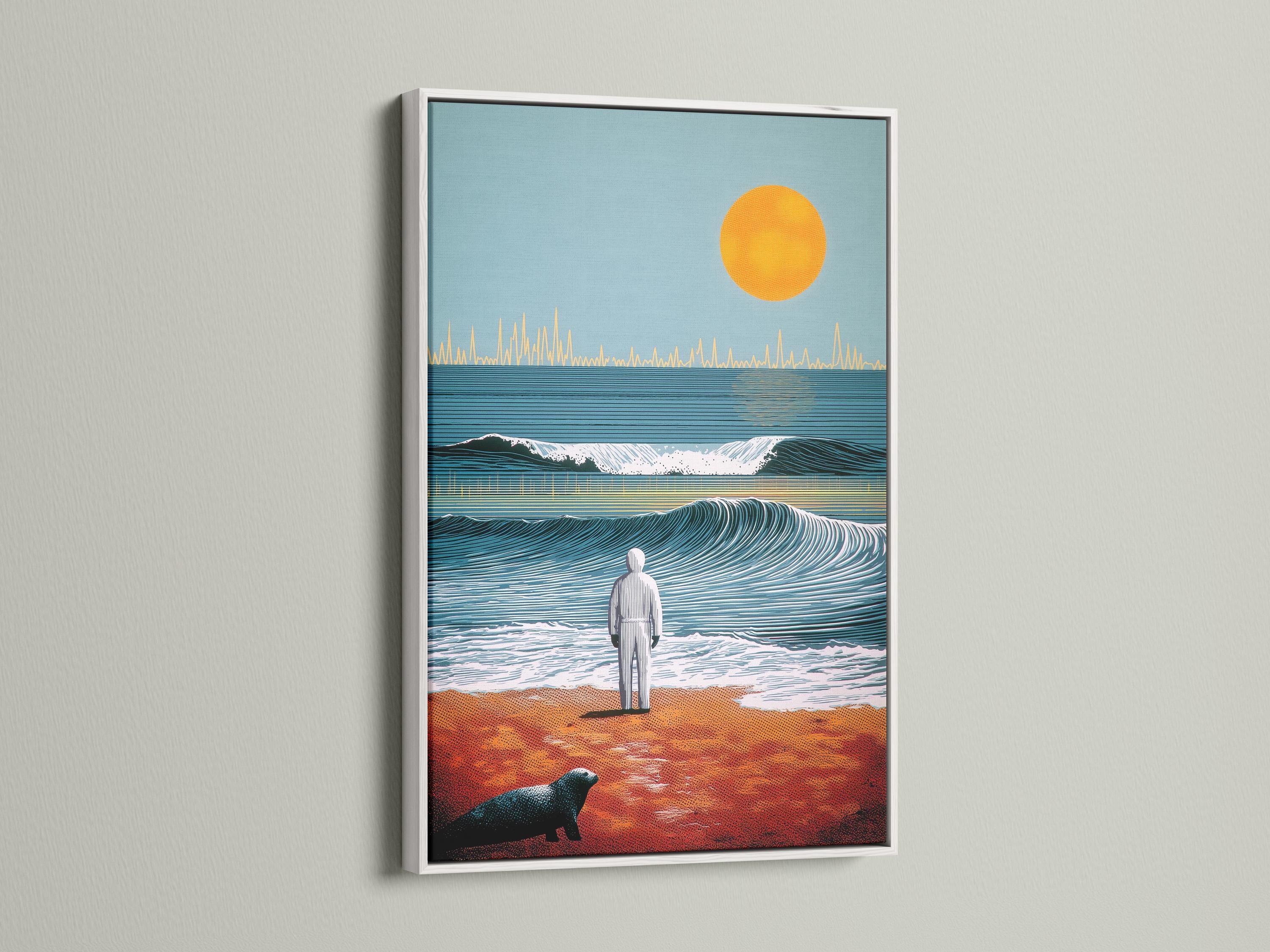 Stylised seascape with teal ocean waves, an orange sun, a beach figure, and a dark animal silhouette detail view