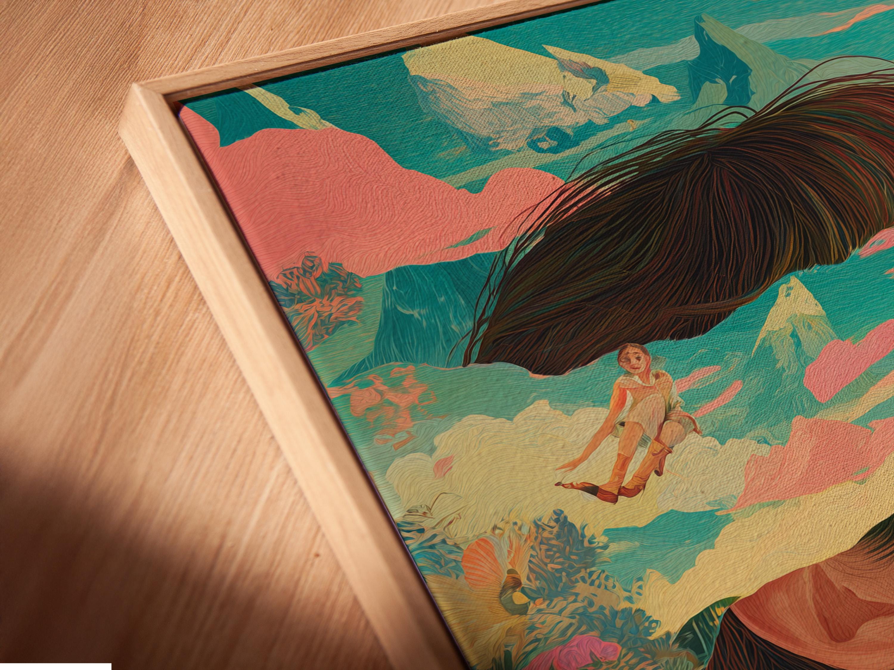 Surreal portrait of a woman with warm blush tones, clouds, foliage, and small birds detail view