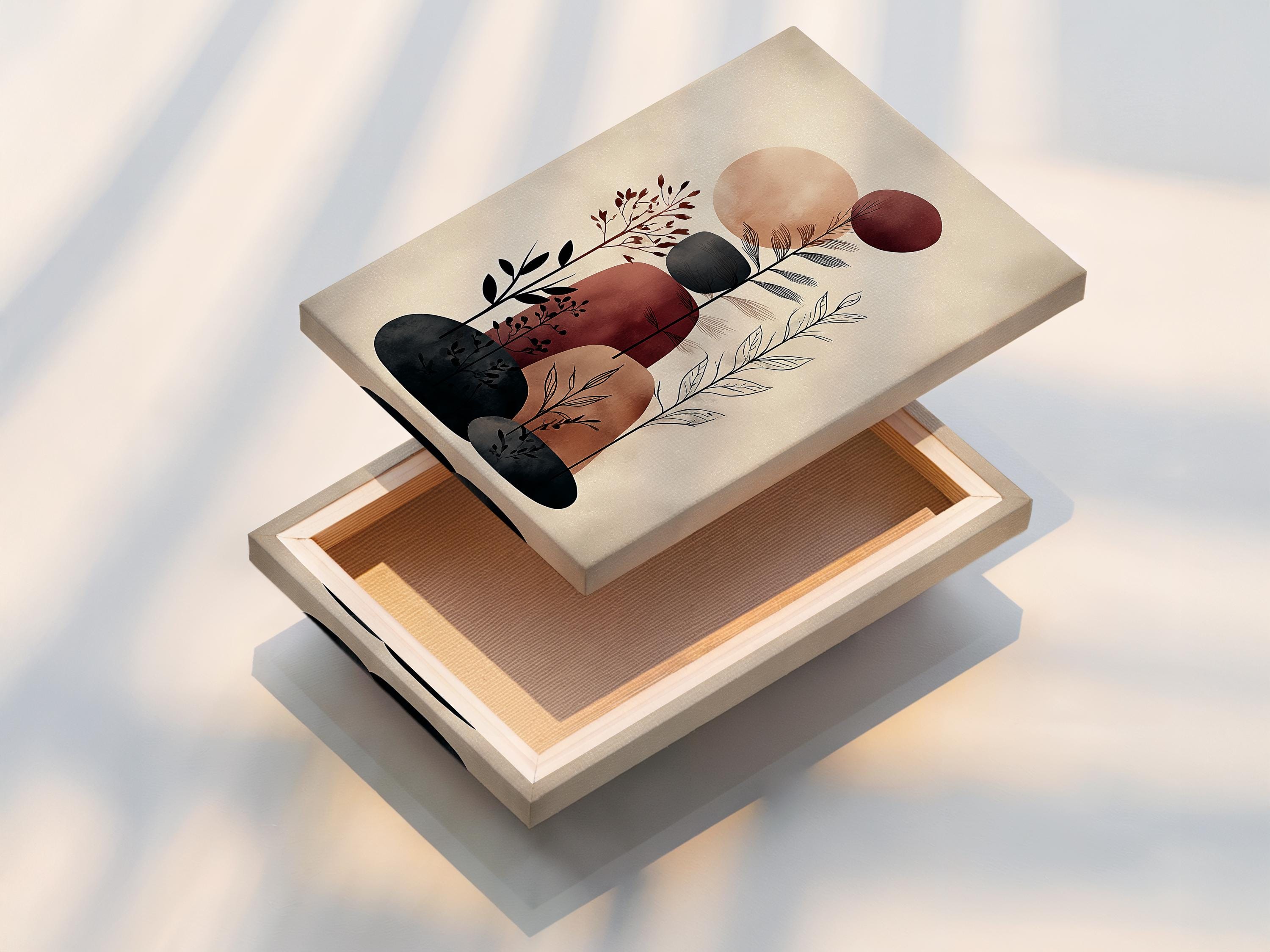 Abstract botanical illustration with beige background, terracotta and burgundy circles, and charcoal plant stems detail view