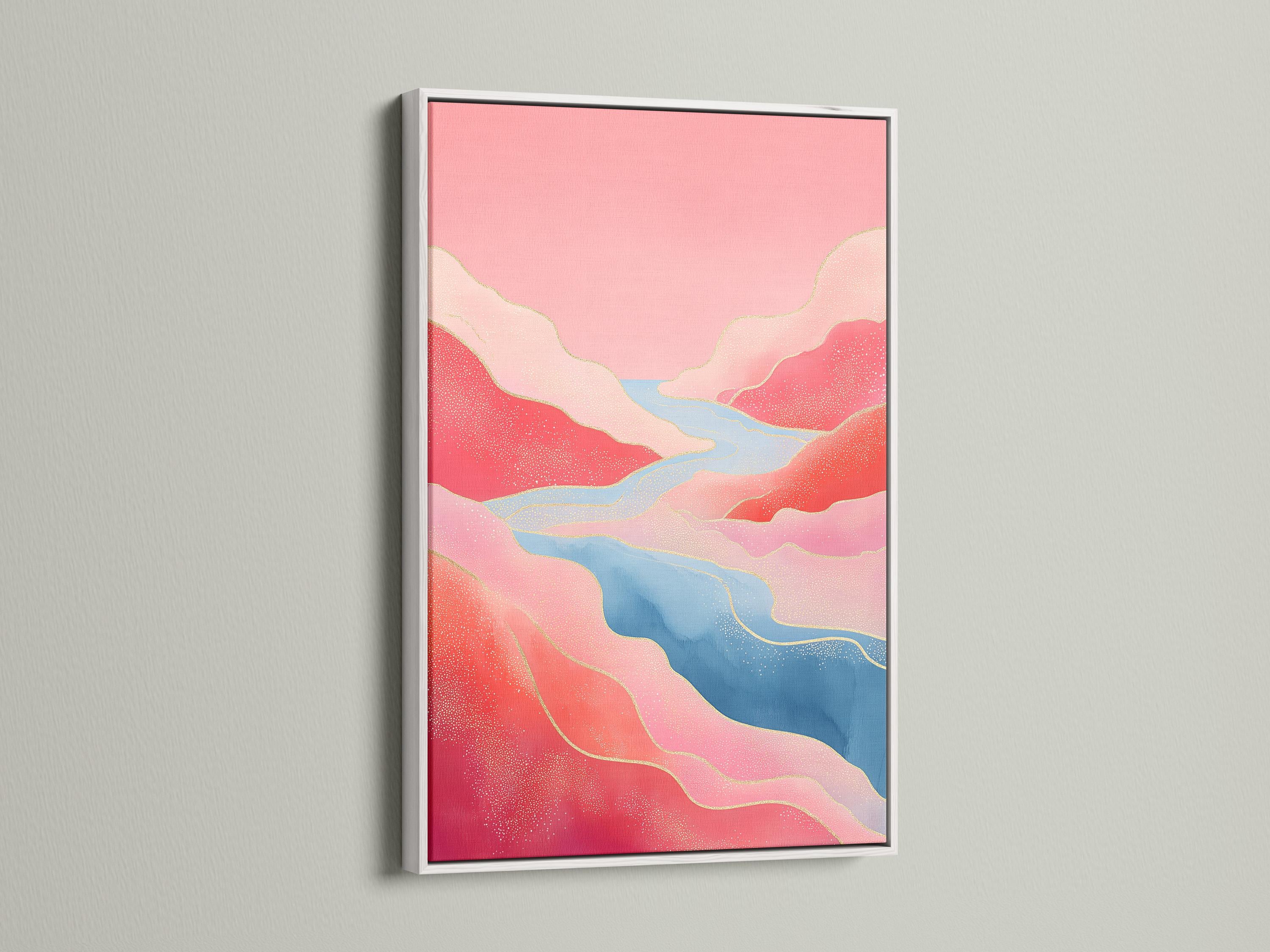 Pink and blue abstract landscape with a winding river and pale yellow contour lines detail view