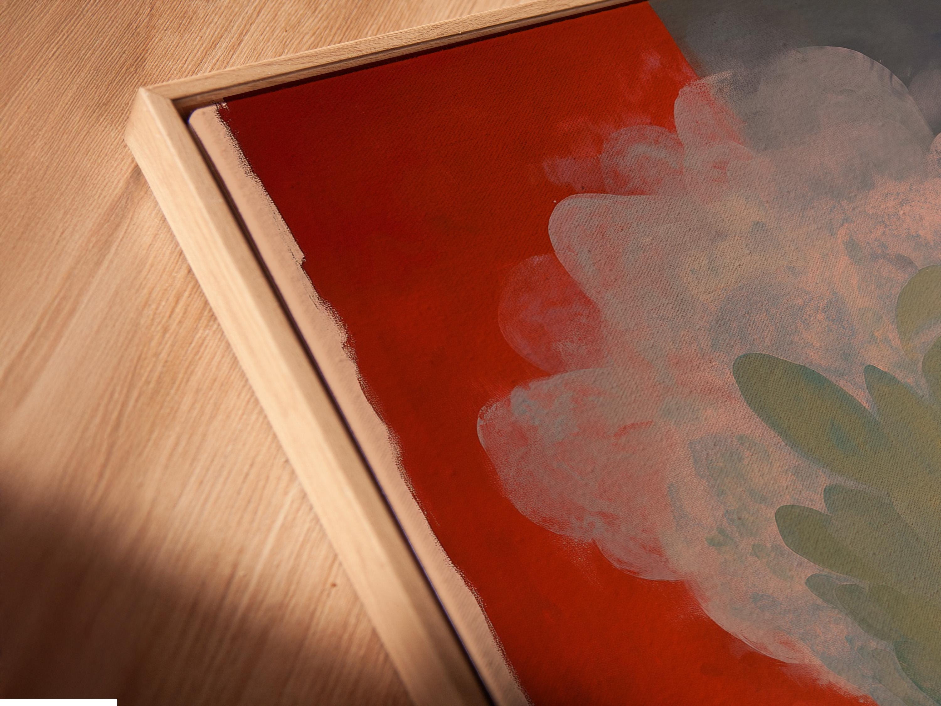 Room mockup with a portrait framed artwork featuring a patterned figure holding a staff in teal and terracotta tones