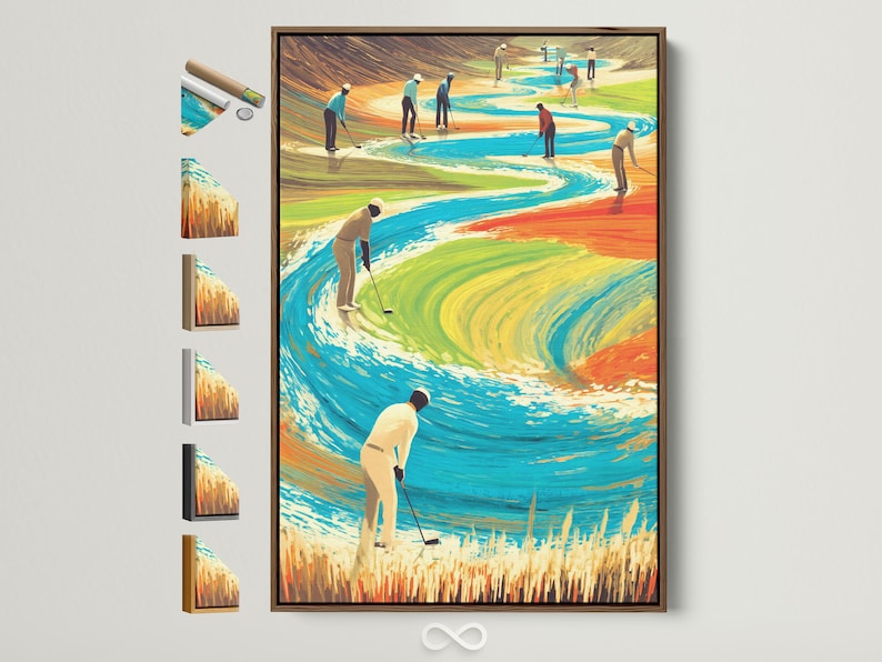 Surreal golf course scene with stylised golfers and a winding blue water channel