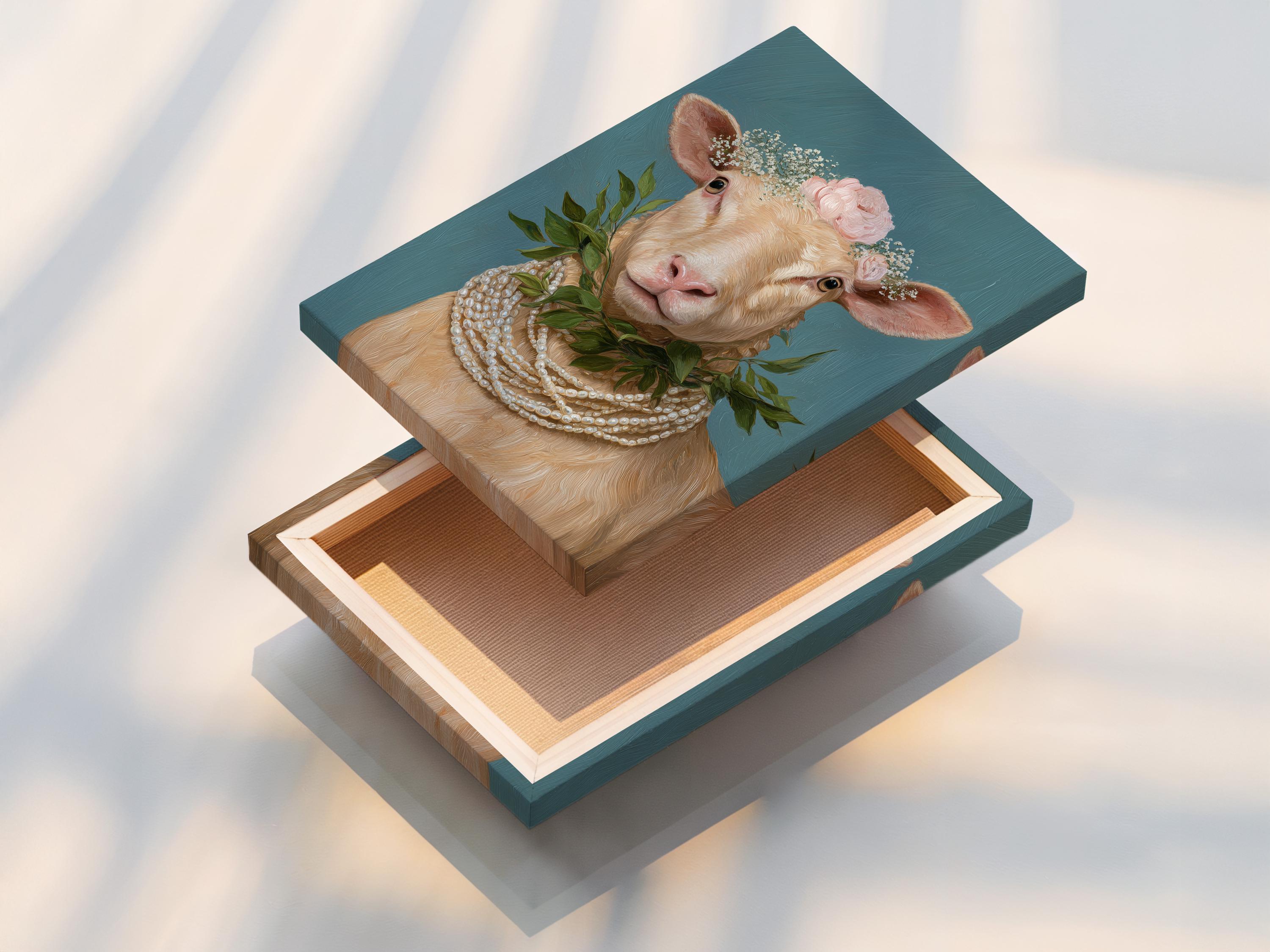 Portrait of a sheep with a pink floral crown and pearl-like necklace on a teal background detail view