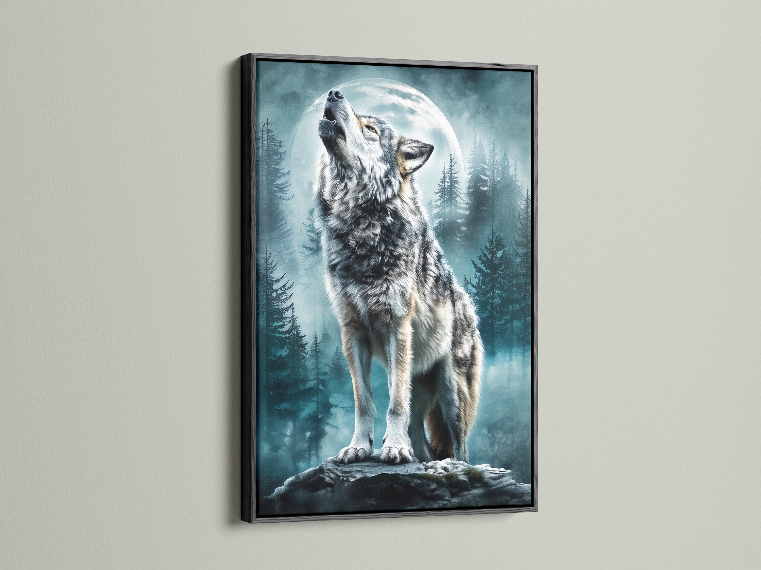 Wolf artwork mockup on a wall with teal forest and moon scene