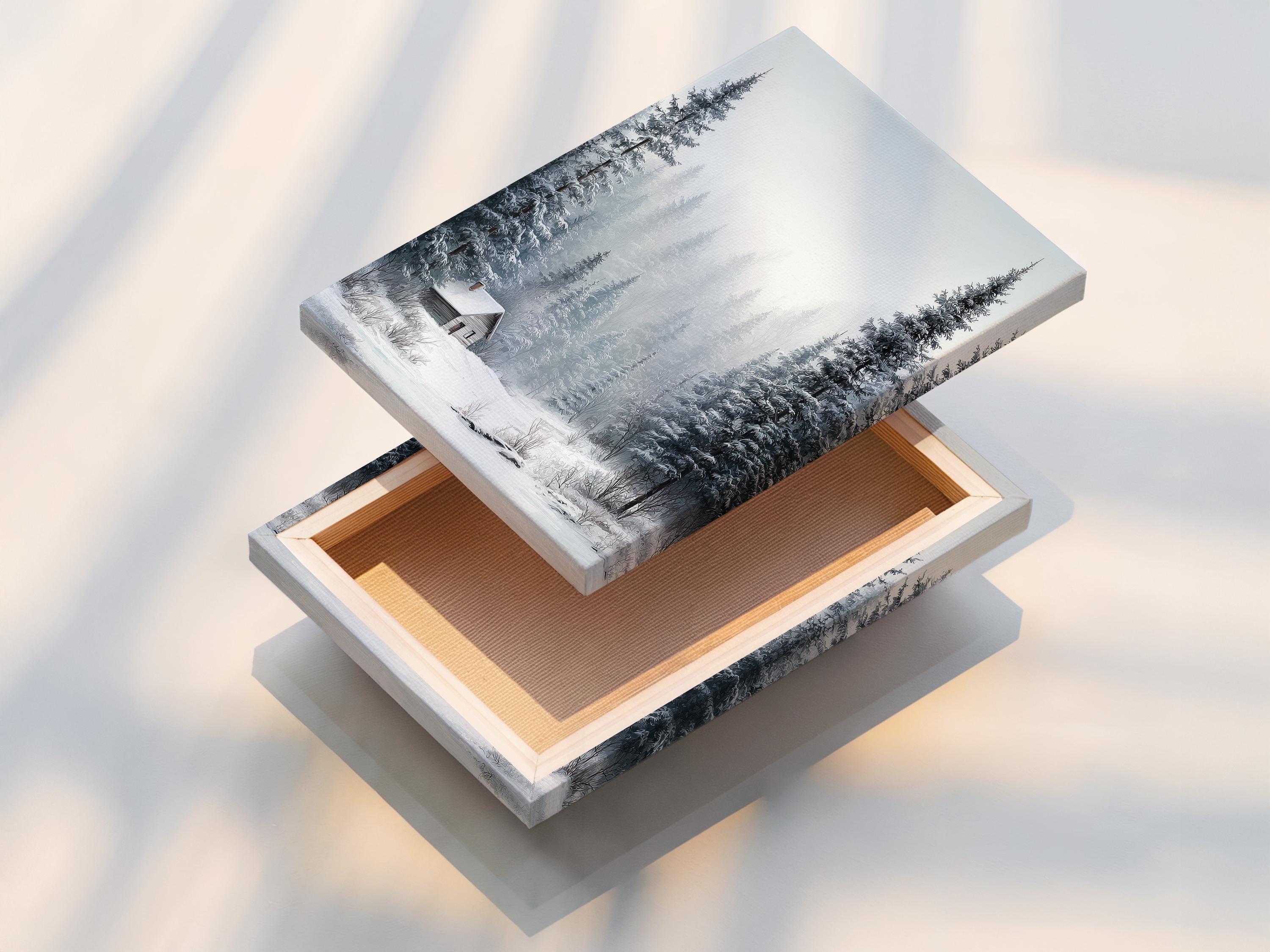 Snowy winter forest scene with pine trees, mist, and a small cabin detail view