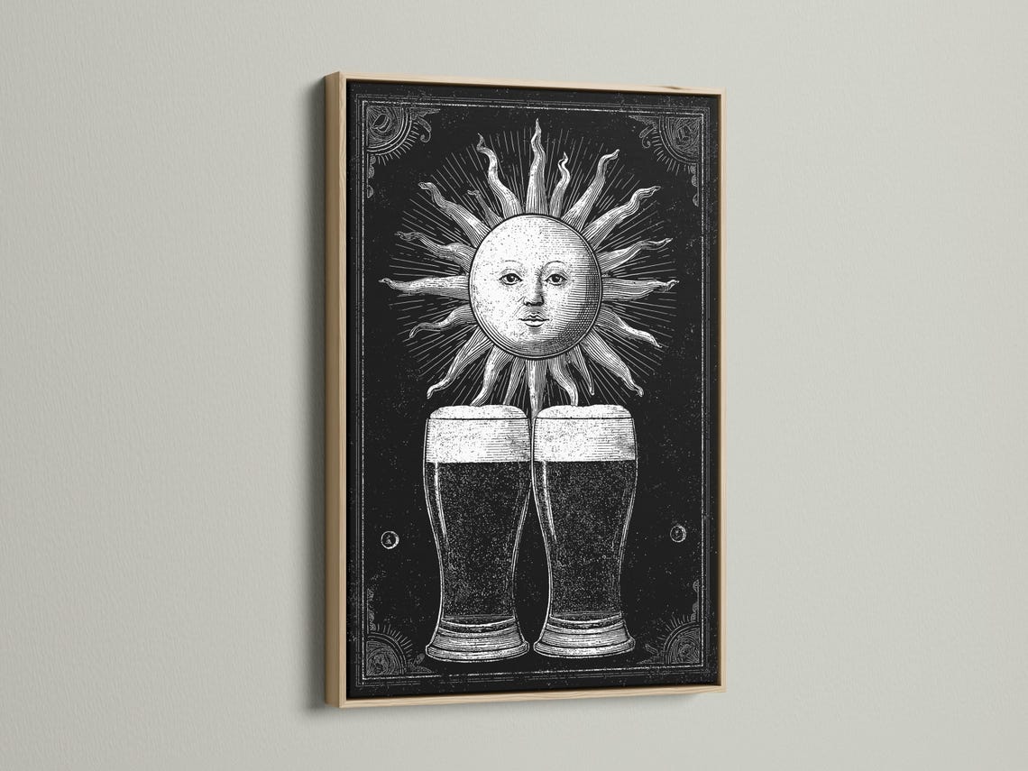 Black and white illustration of a sun face with rays above two beer glasses detail view