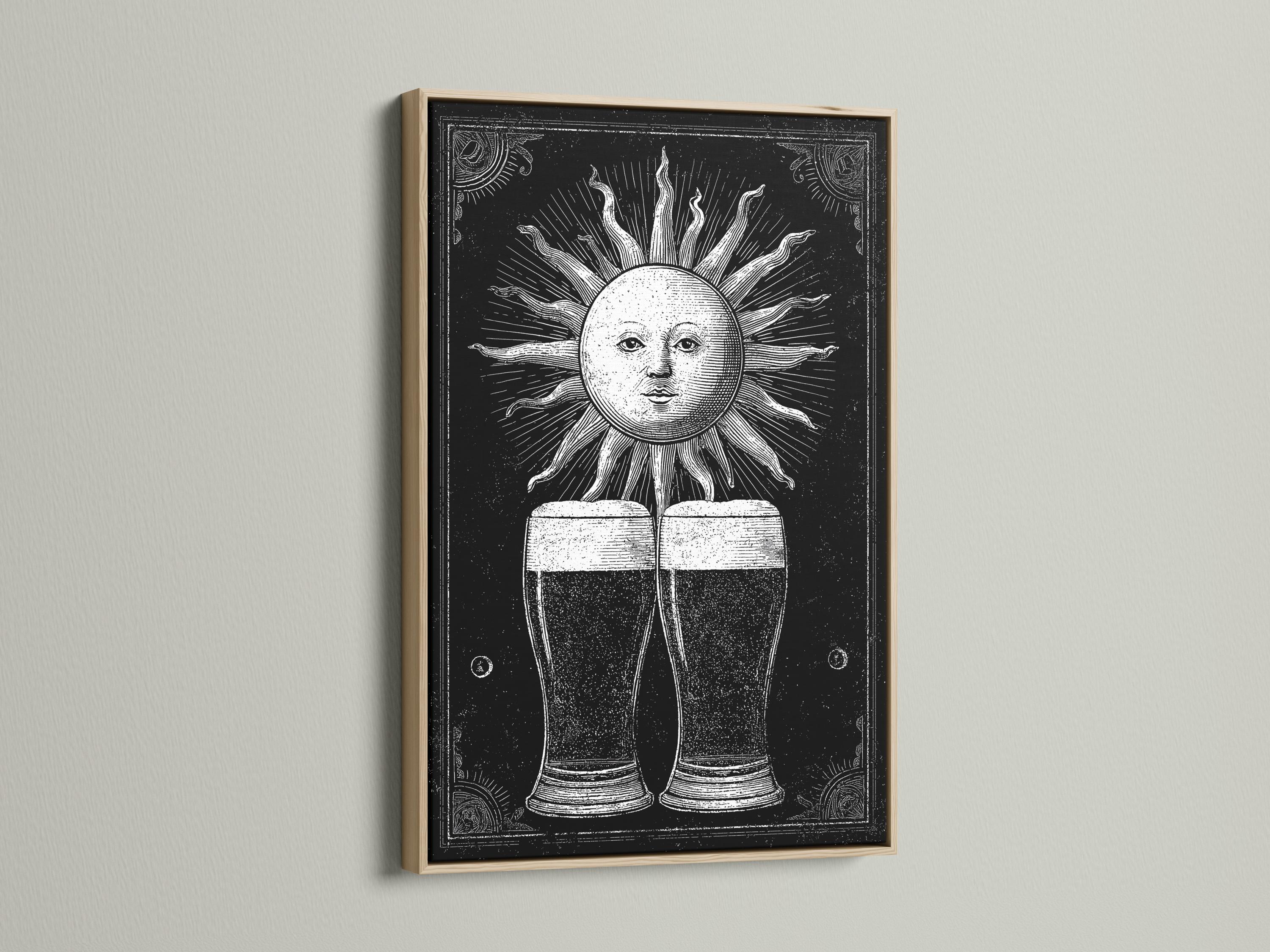 Black and white illustration of a sun face with rays above two beer glasses detail view