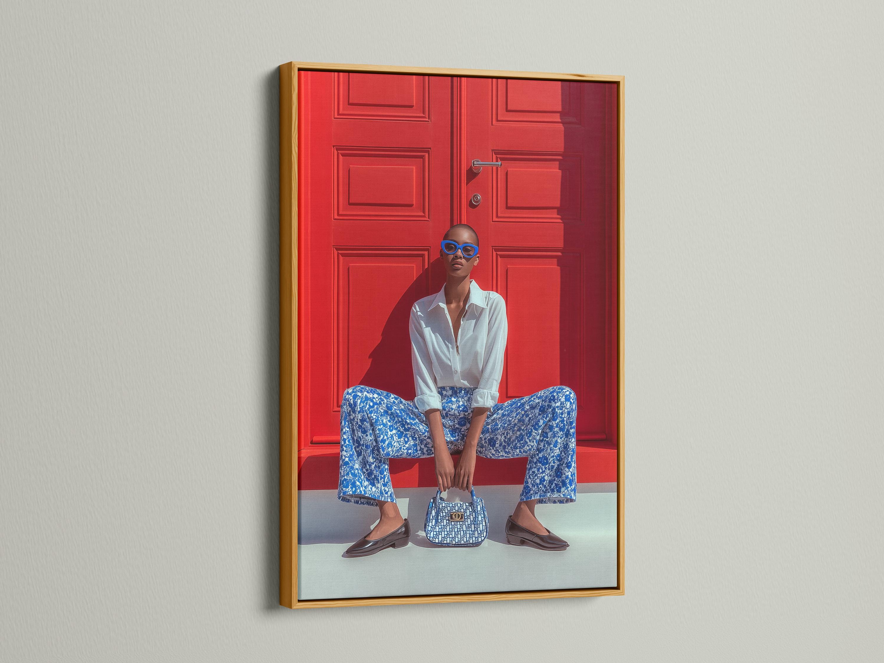Seated fashion portrait with blue glasses in front of a red door backdrop detail view