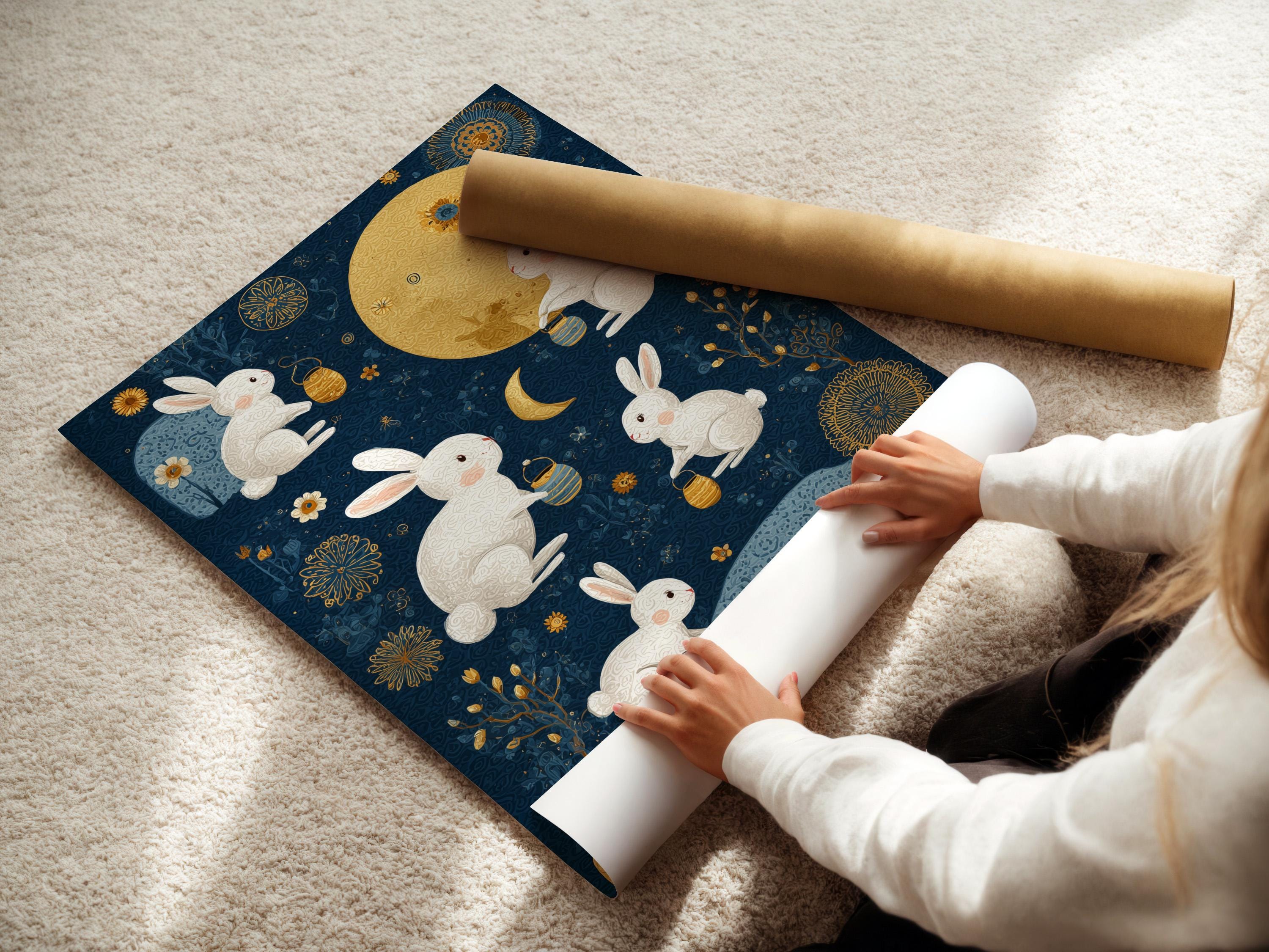 Celestial illustration of white rabbits around a gold moon on a midnight blue background detail view