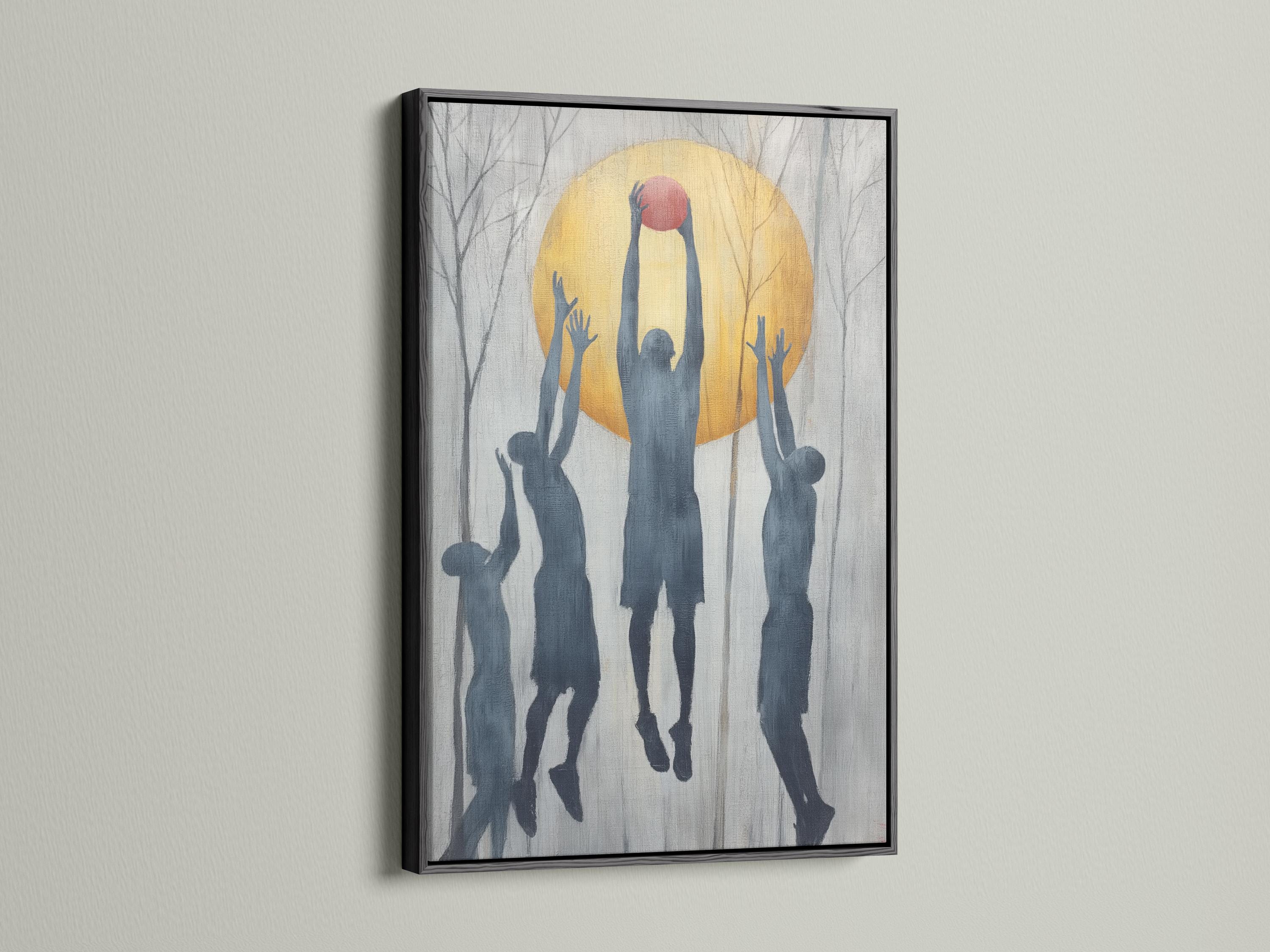 Basketball hoop silhouette with blue player figures reaching up inside a golden circle detail view