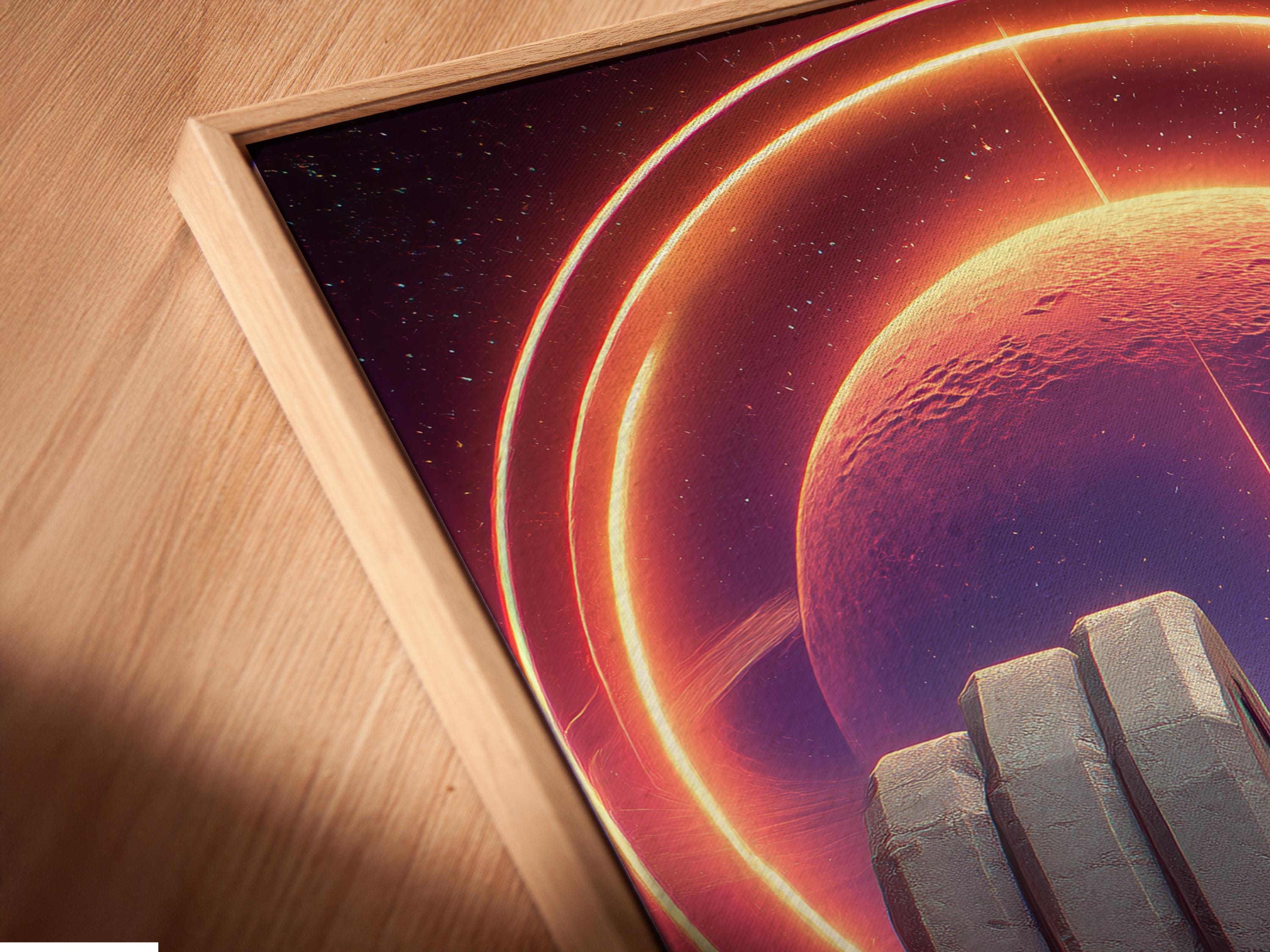 Futuristic gym wall art artwork mockup with neon planet and barbell
