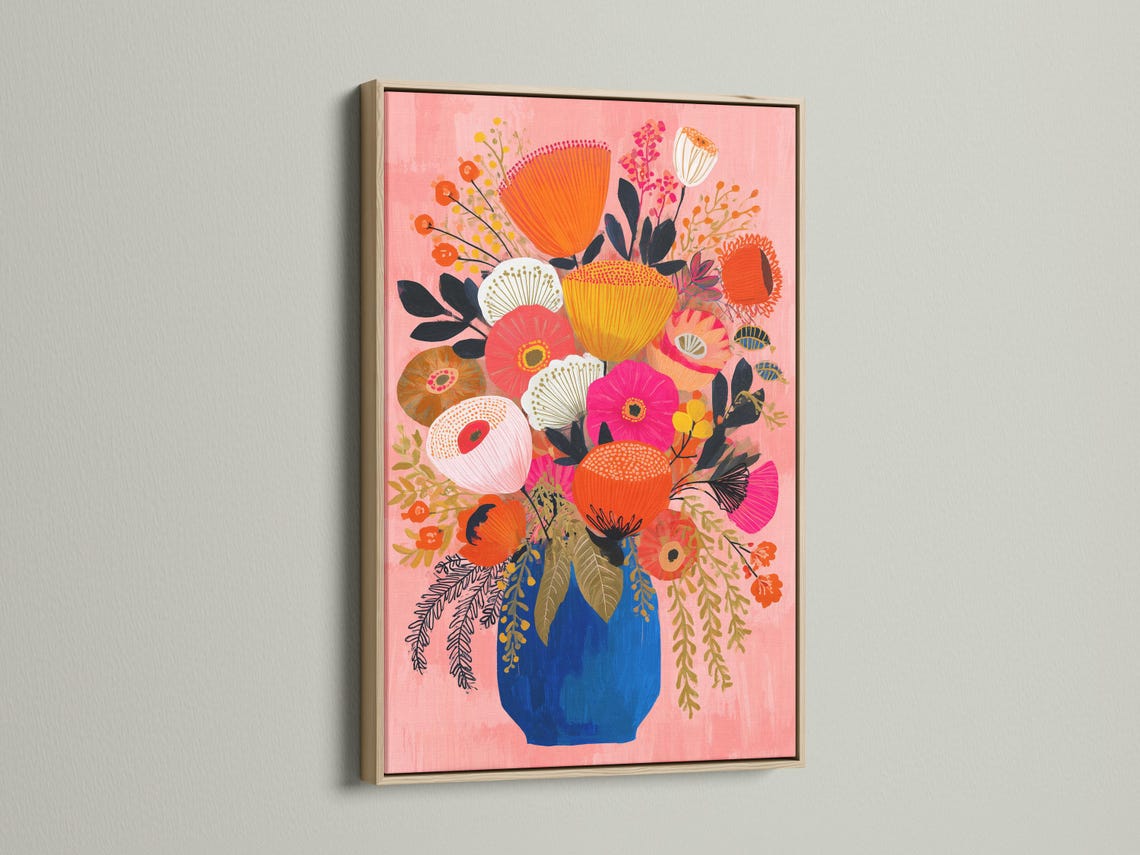 Floral bouquet artwork with pink, orange and cream flowers in a blue vase detail view