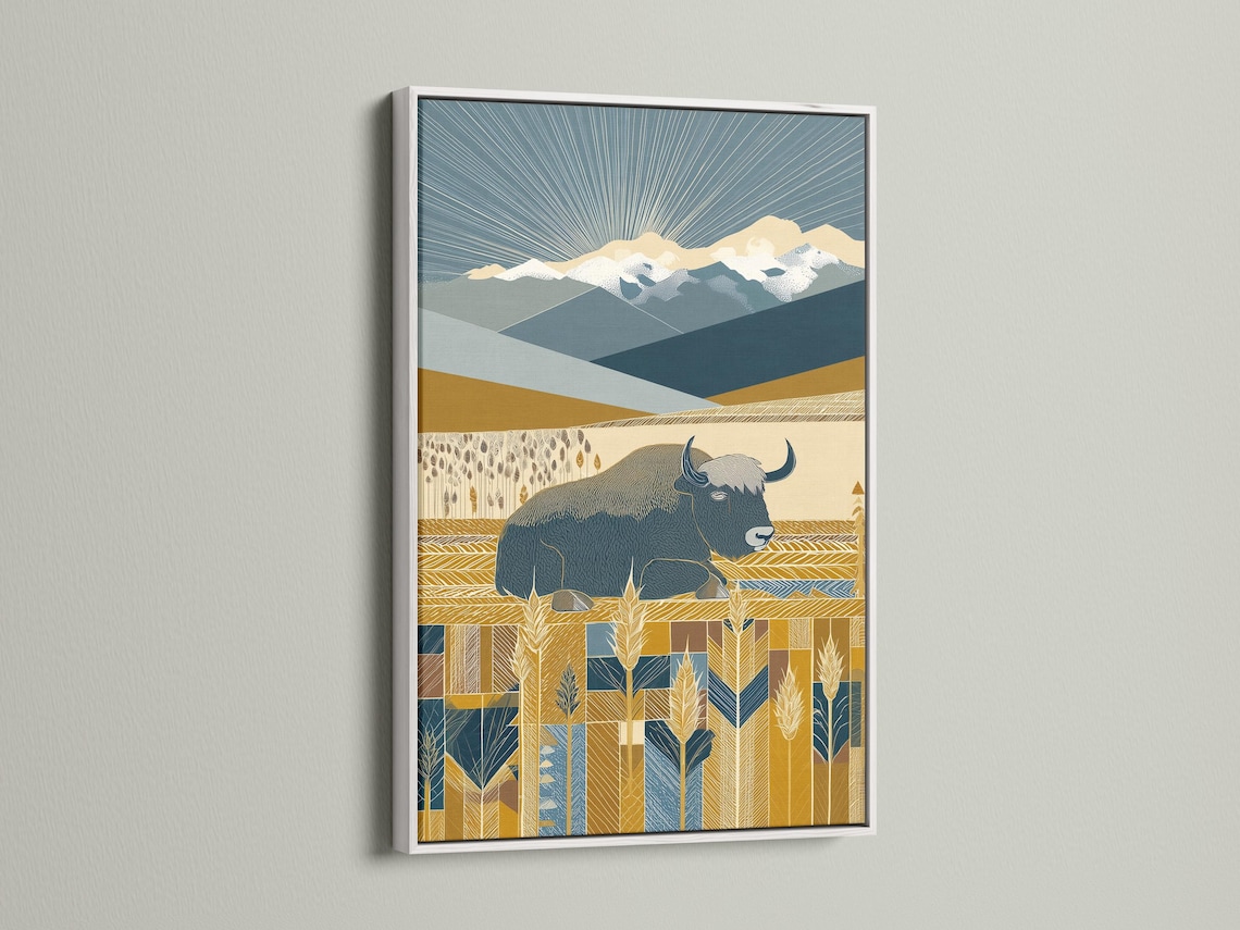 Stylised yak in ochre and navy blue mountain landscape with radiating line rays and wheat-like plants detail view