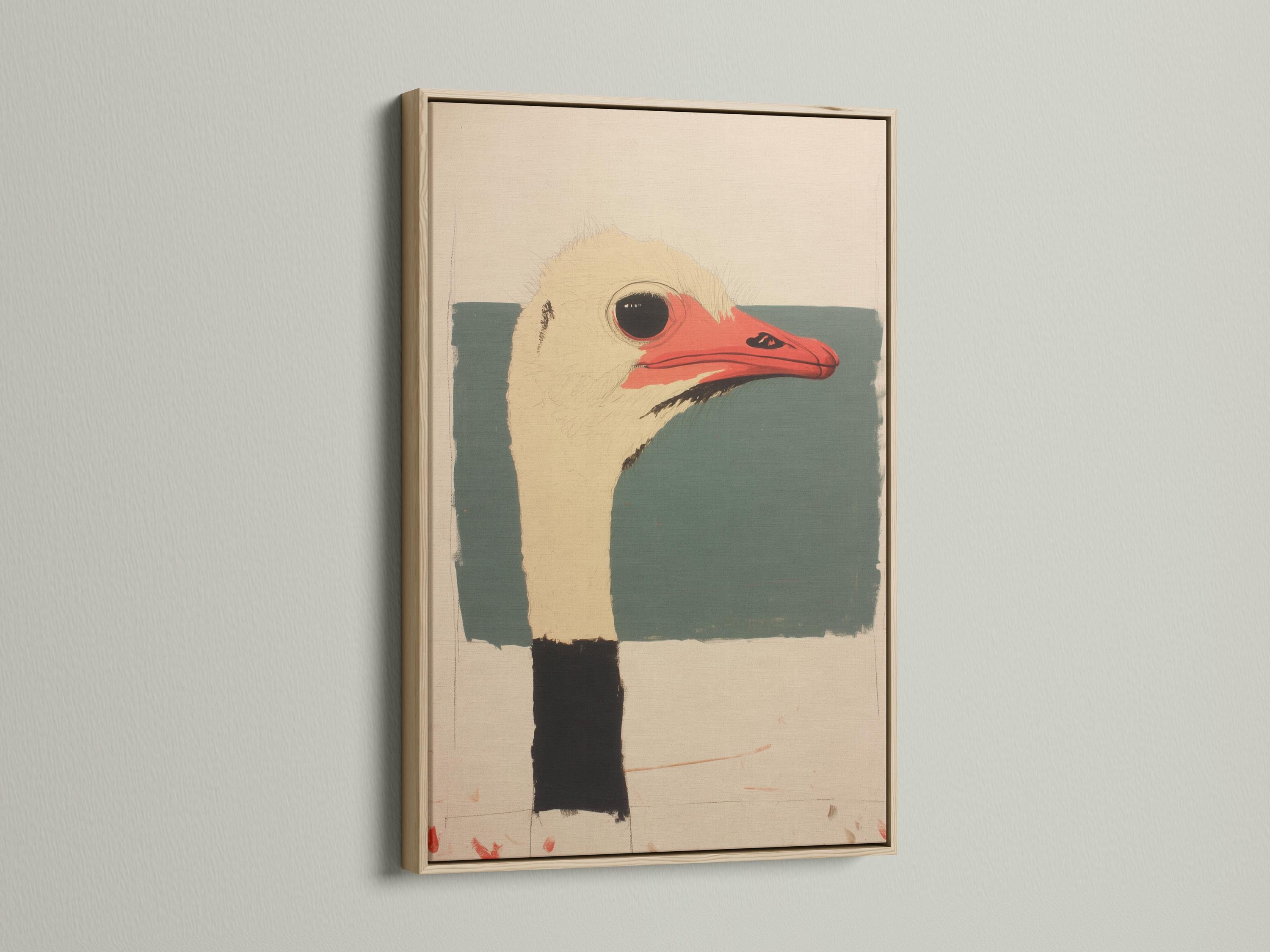 Stylised ostrich head portrait with red beak, dark eye, beige and teal shapes detail view