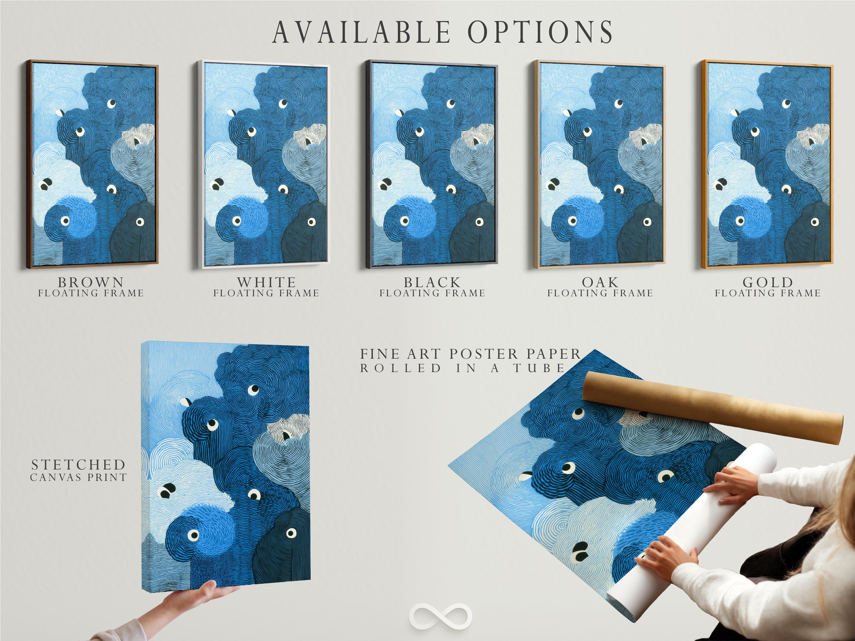 A blue animal portrait style artwork features overlapping rounded forms with spiralling contour lines and large cartoon eyes detail view