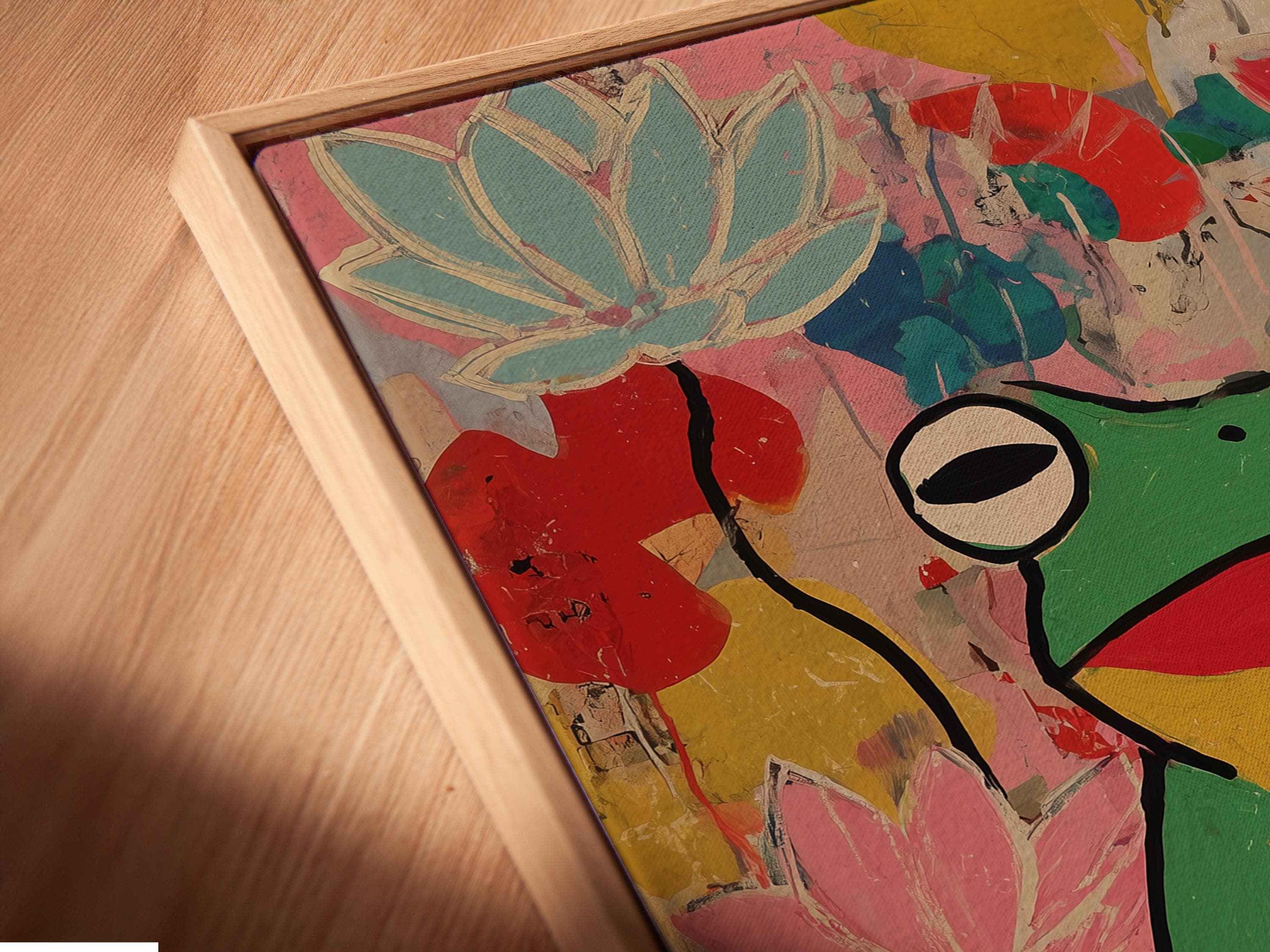 Stylised green frog meditating with pink lotus flowers in a colourful collage background detail view