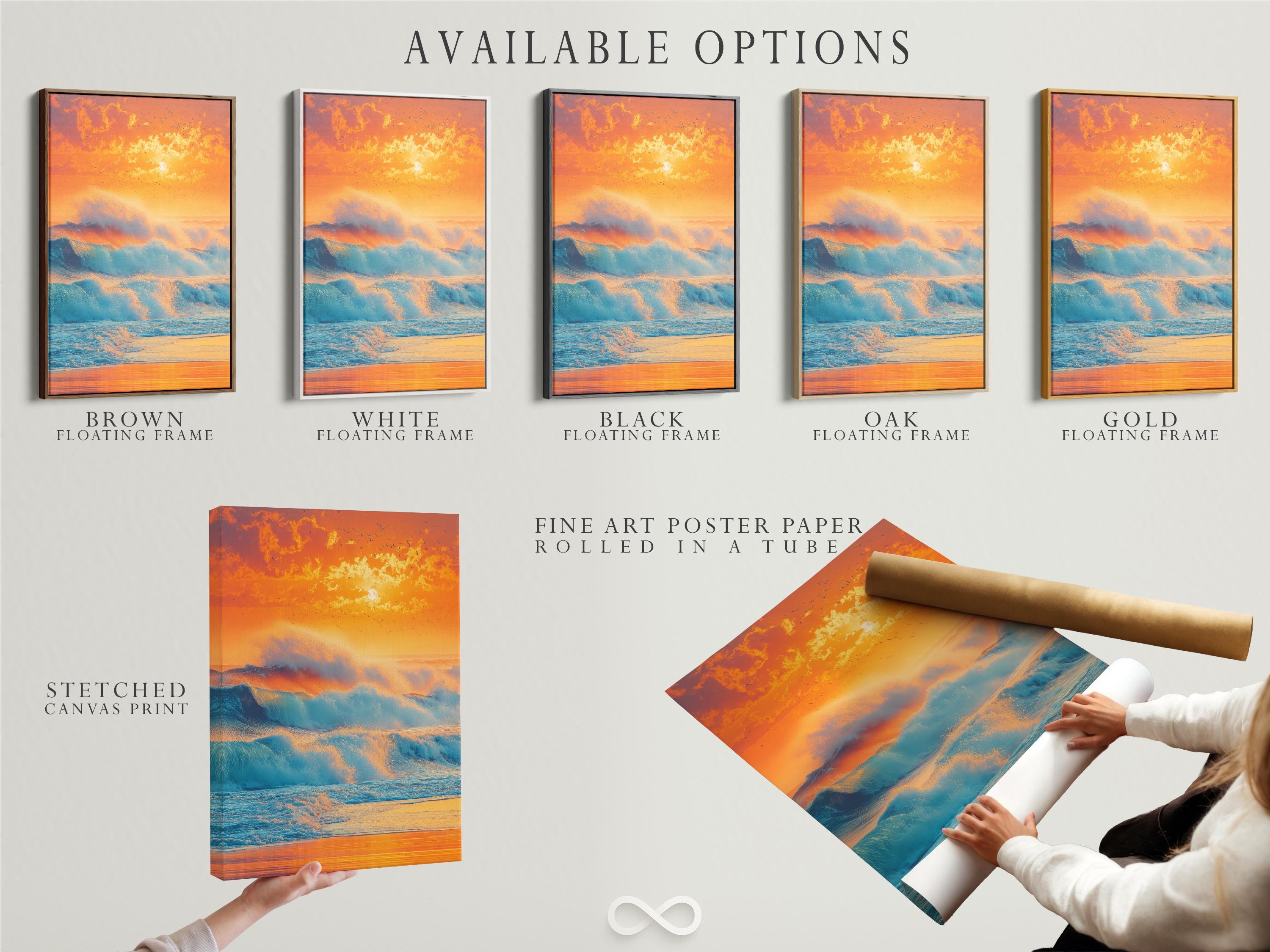 Sunset seascape with teal ocean waves, orange and gold sky, sun glow, and bird silhouettes detail view