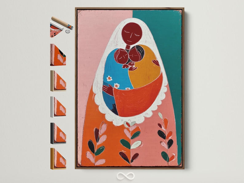 Stylised mother and child embrace illustration with pink, teal and warm orange shapes