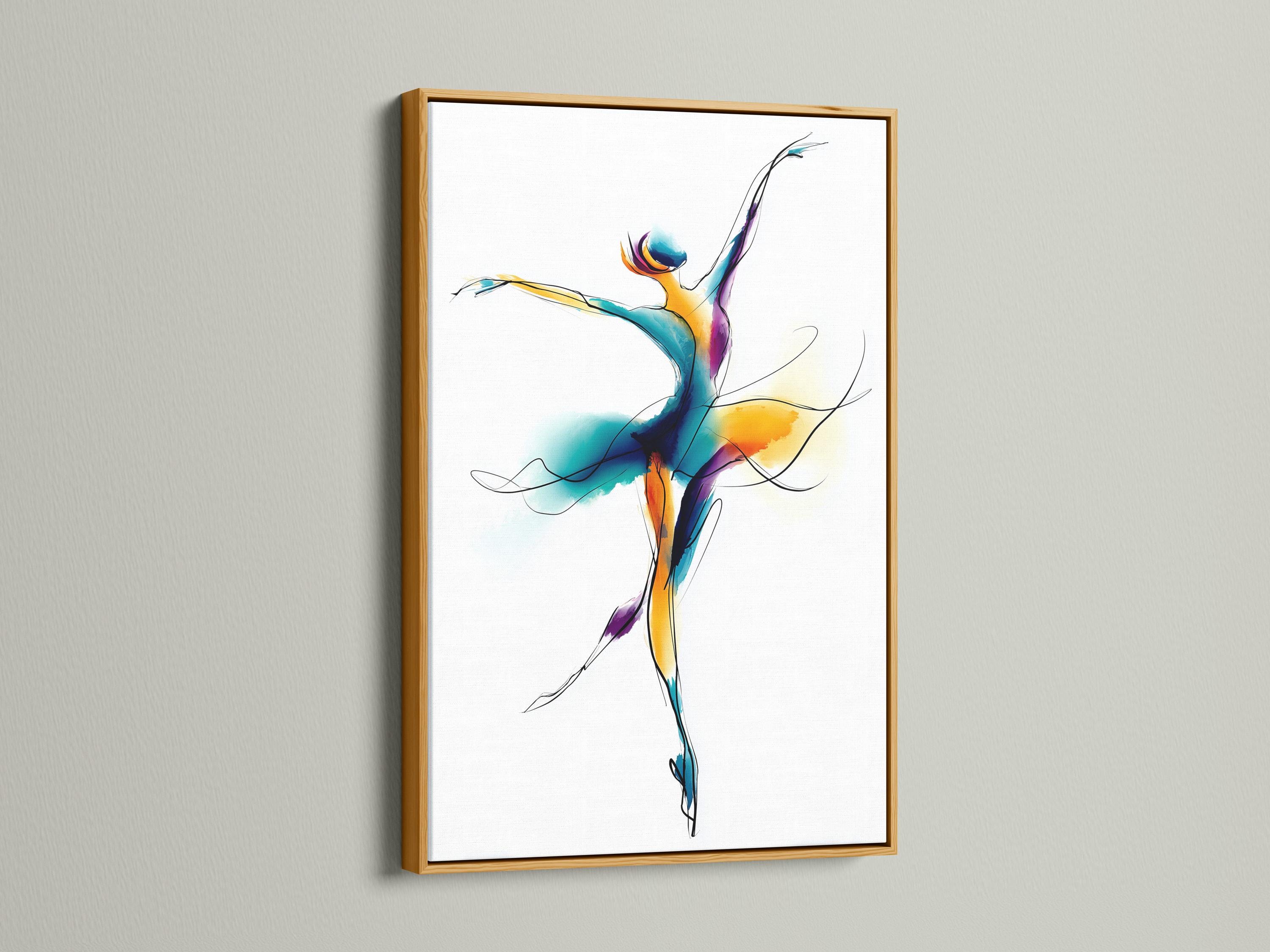 Ballet dancer illustration with teal, purple, and gold swirls on a white background detail view