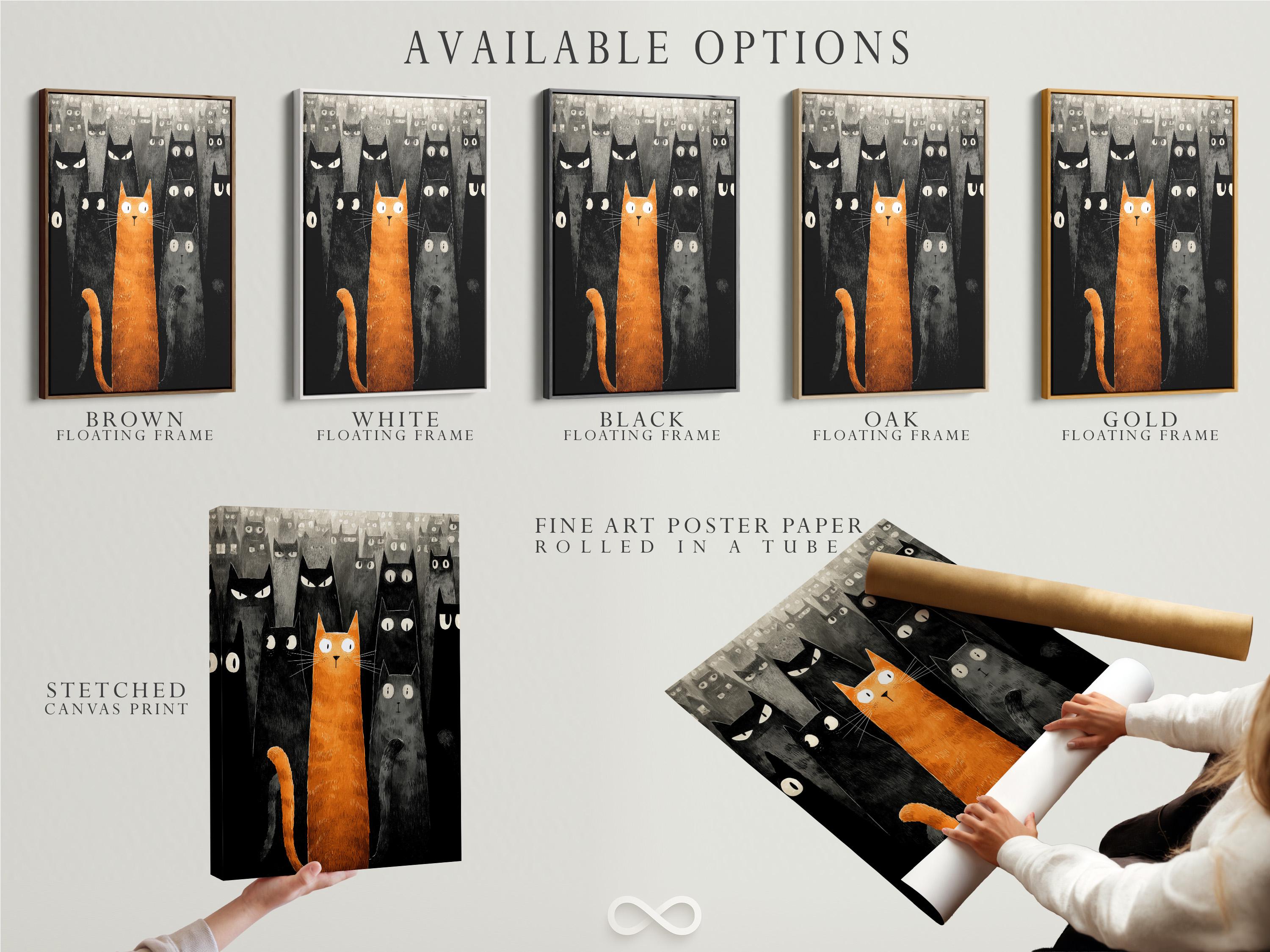Orange cat and multiple black and grey cats in a textured illustration style detail view