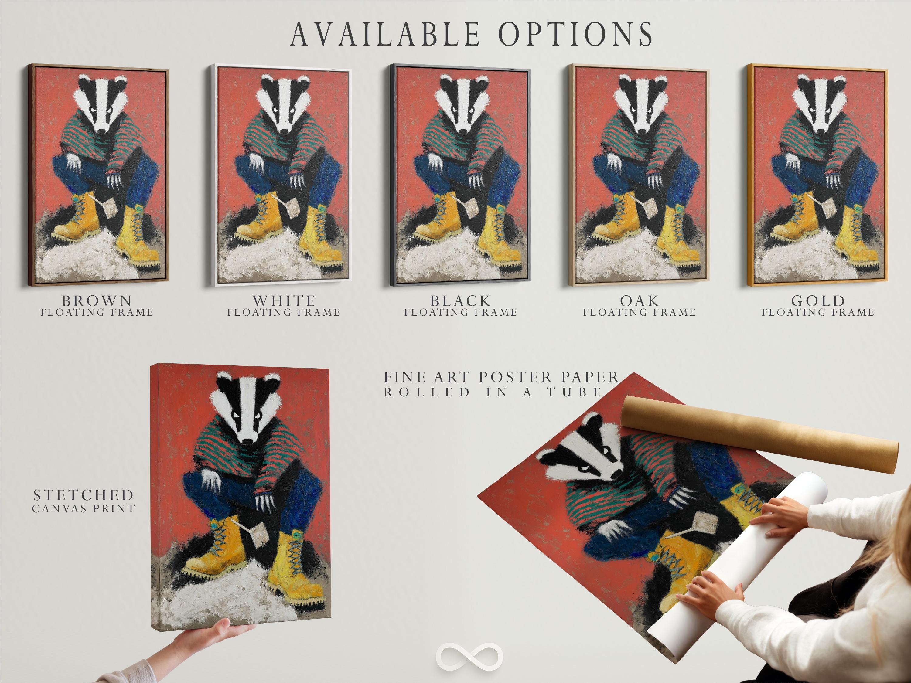 A stylised badger portrait fills the centre, with bold coral-red stripes and blue-and-yellow clothing-like shapes beneath a folk-art colour palette