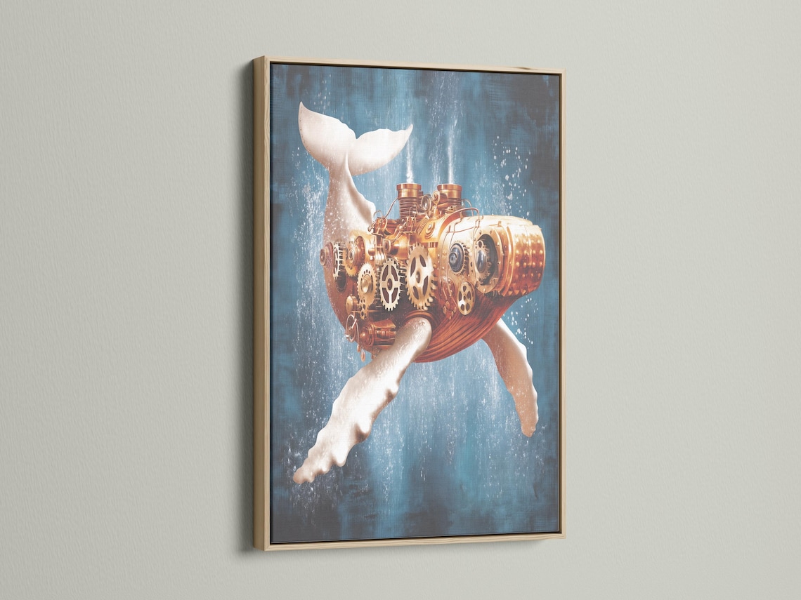 Mechanical whale with copper and gold gears on a textured blue background detail view