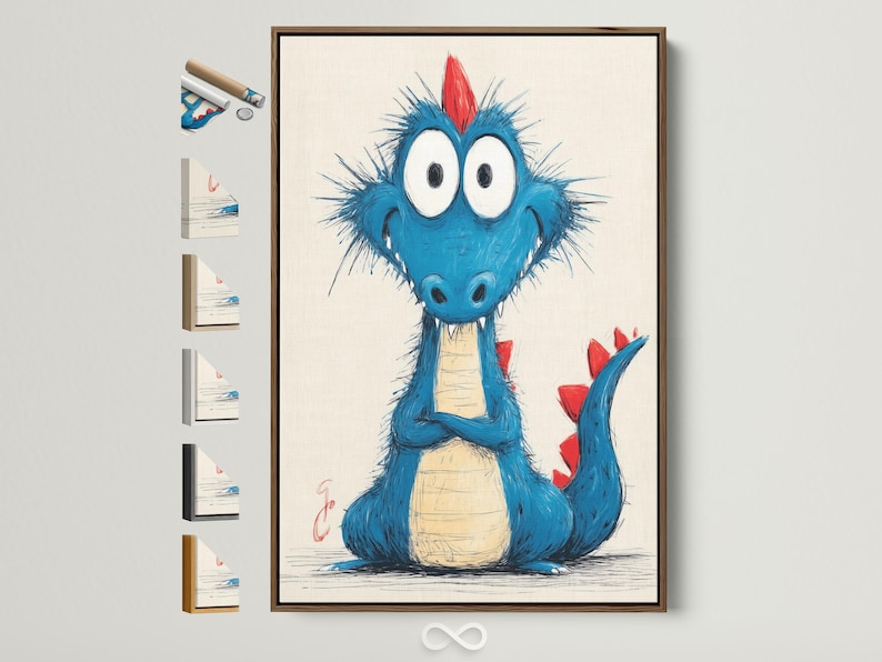 Cartoon blue dragon with large white eyes and red horns on an off-white background