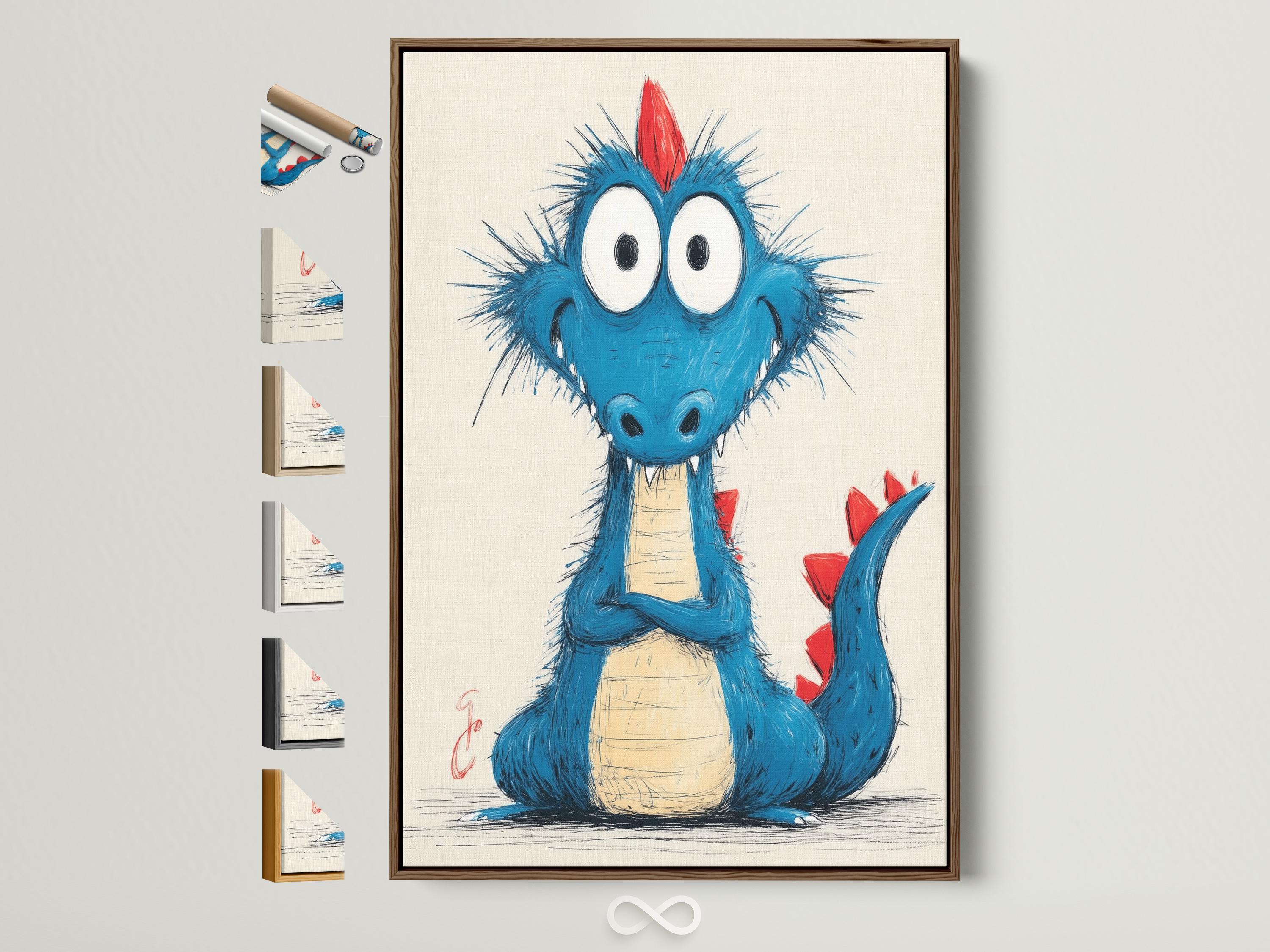 Cartoon blue dragon with large white eyes and red horns on an off-white background