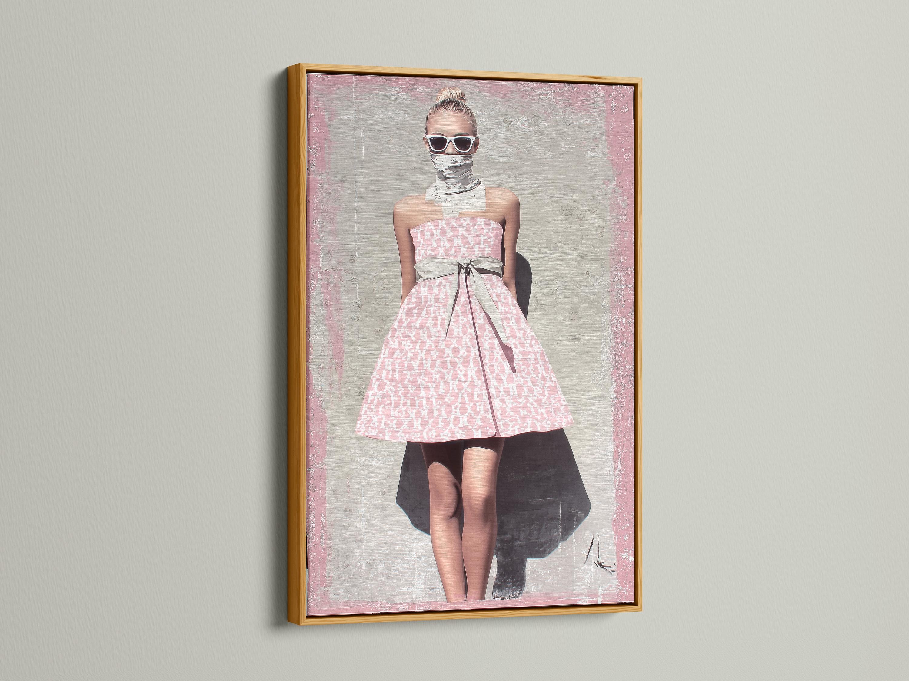 Room mockup showing a framed artwork with a stylised woman in a pink patterned dress