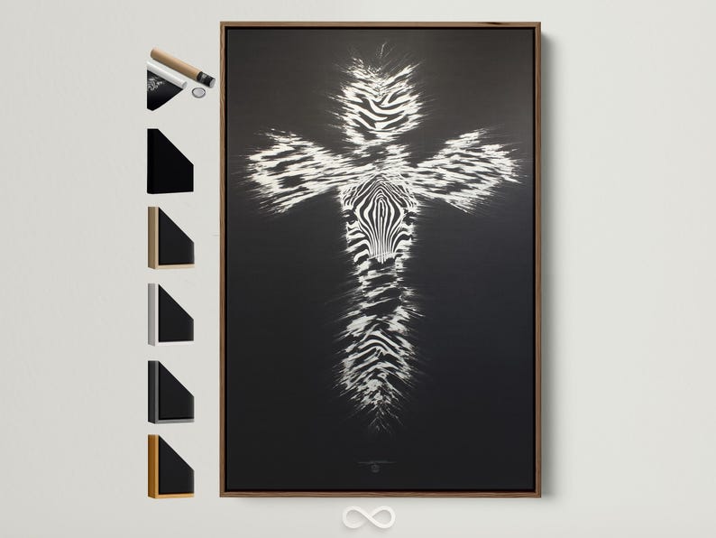 A black-and-white zebra-striped cross shape is formed by radiating brushy lines, set against a dark charcoal background