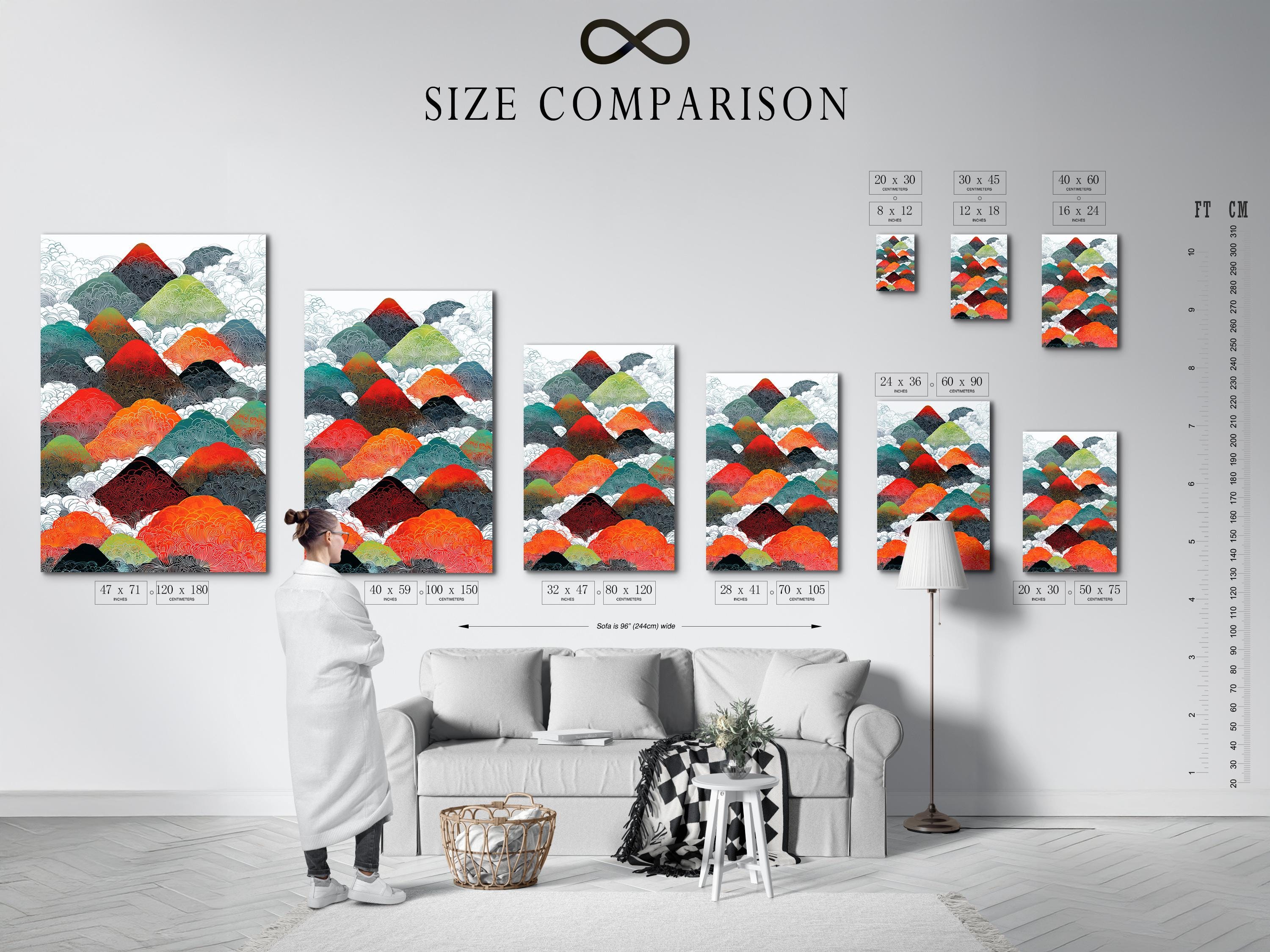Illustrated mountain range with repeating contour line texture in red, orange, teal and green detail view