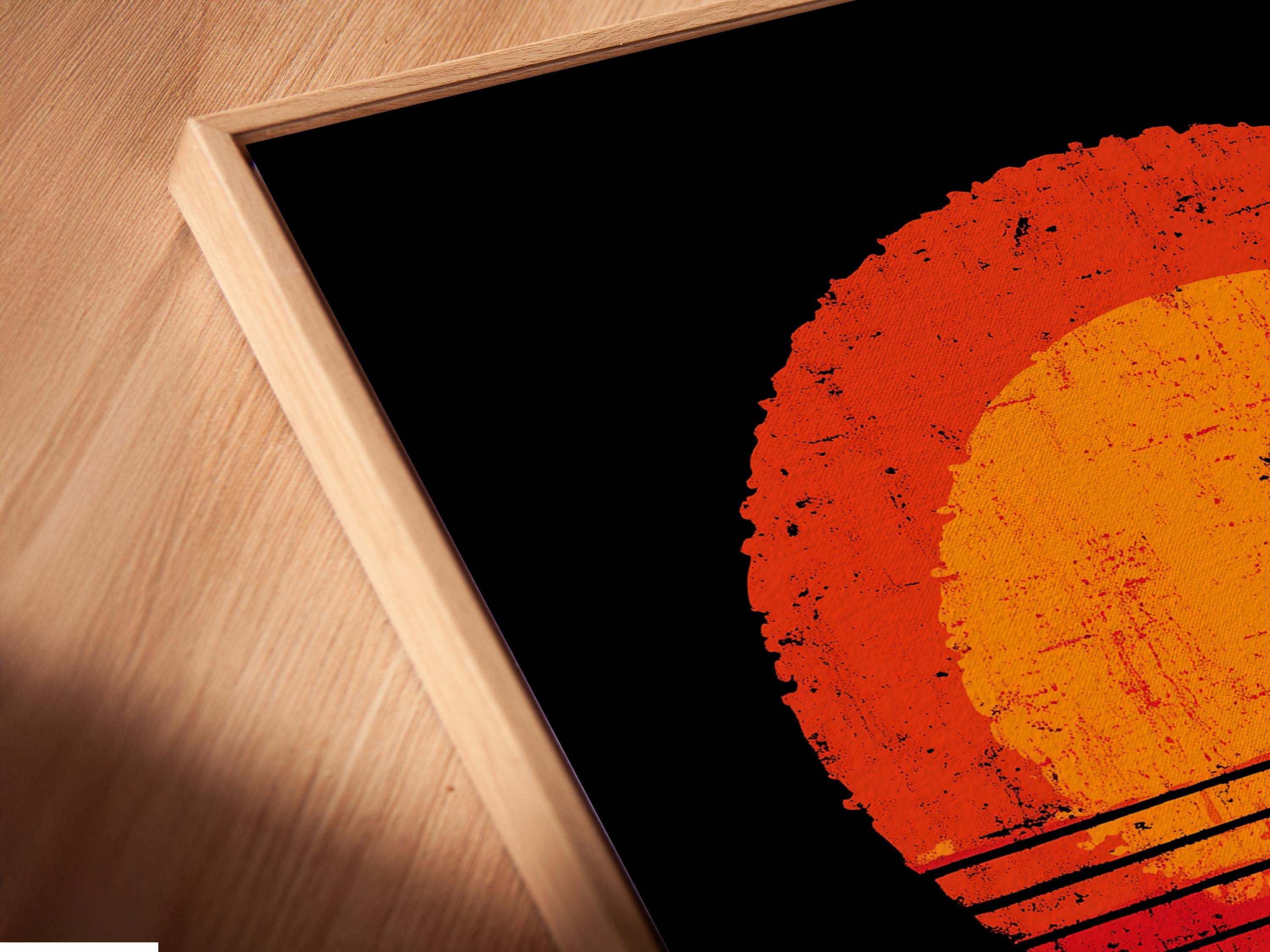 Stylised guitar player silhouette with orange-red sunburst and teal tribal pattern on a black background detail view