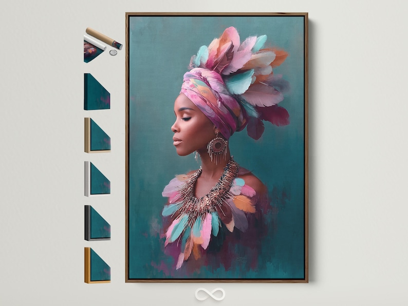 Stylised portrait of a woman in side profile with a layered feather headdress in pink, teal and purple