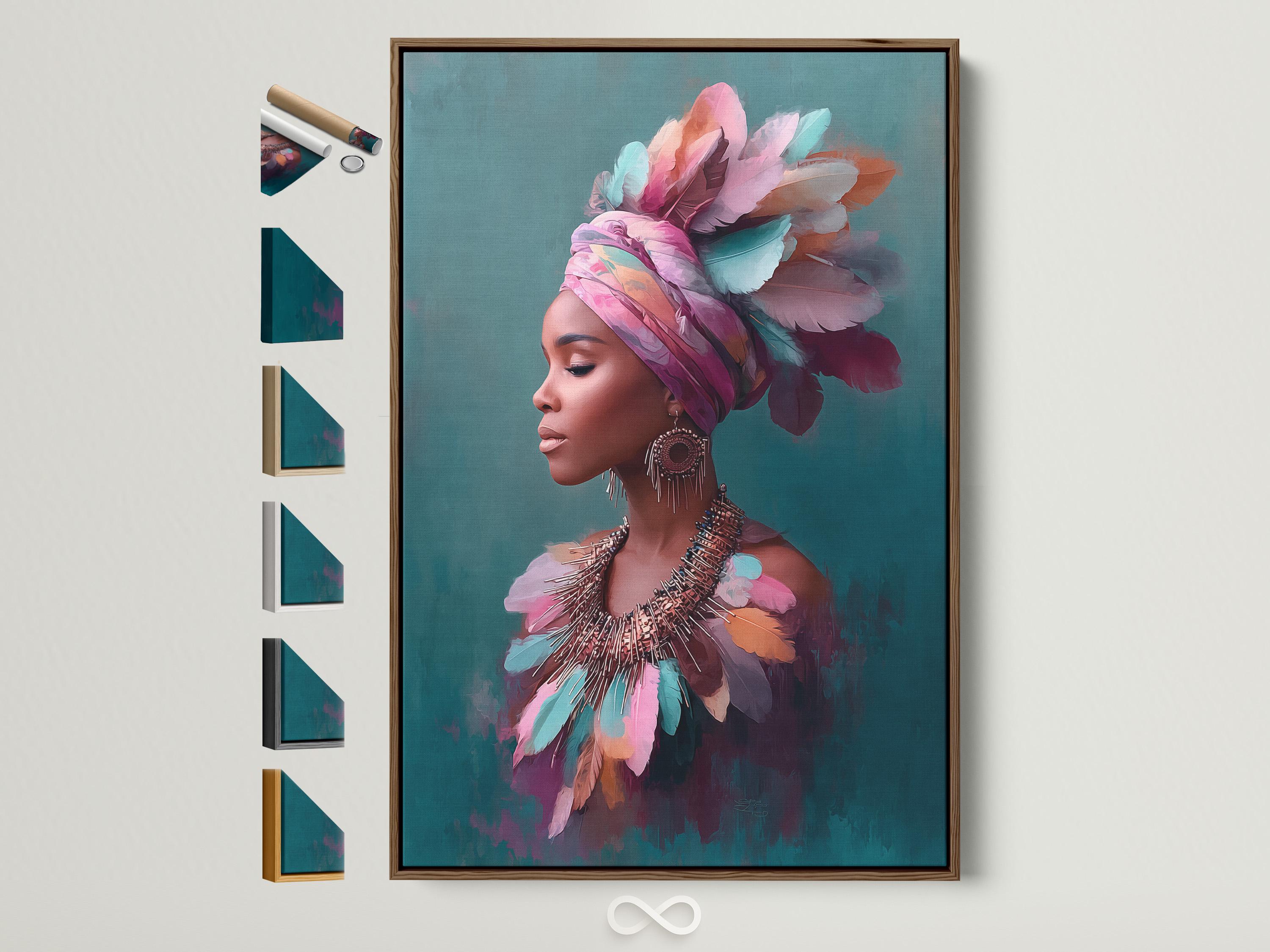 Stylised portrait of a woman in side profile with a layered feather headdress in pink, teal and purple