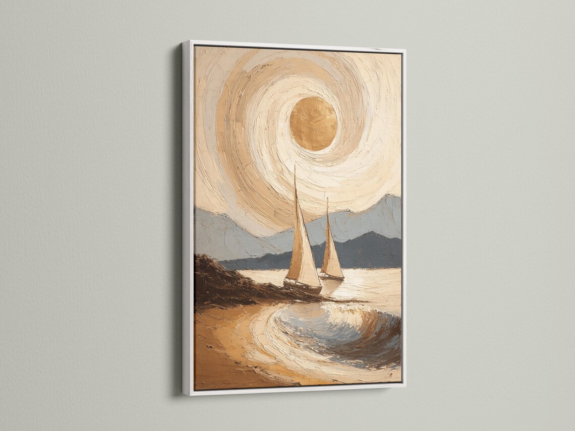 Painterly neutral seascape with a golden sun, swirling clouds, rippling waves and two sailboats detail view