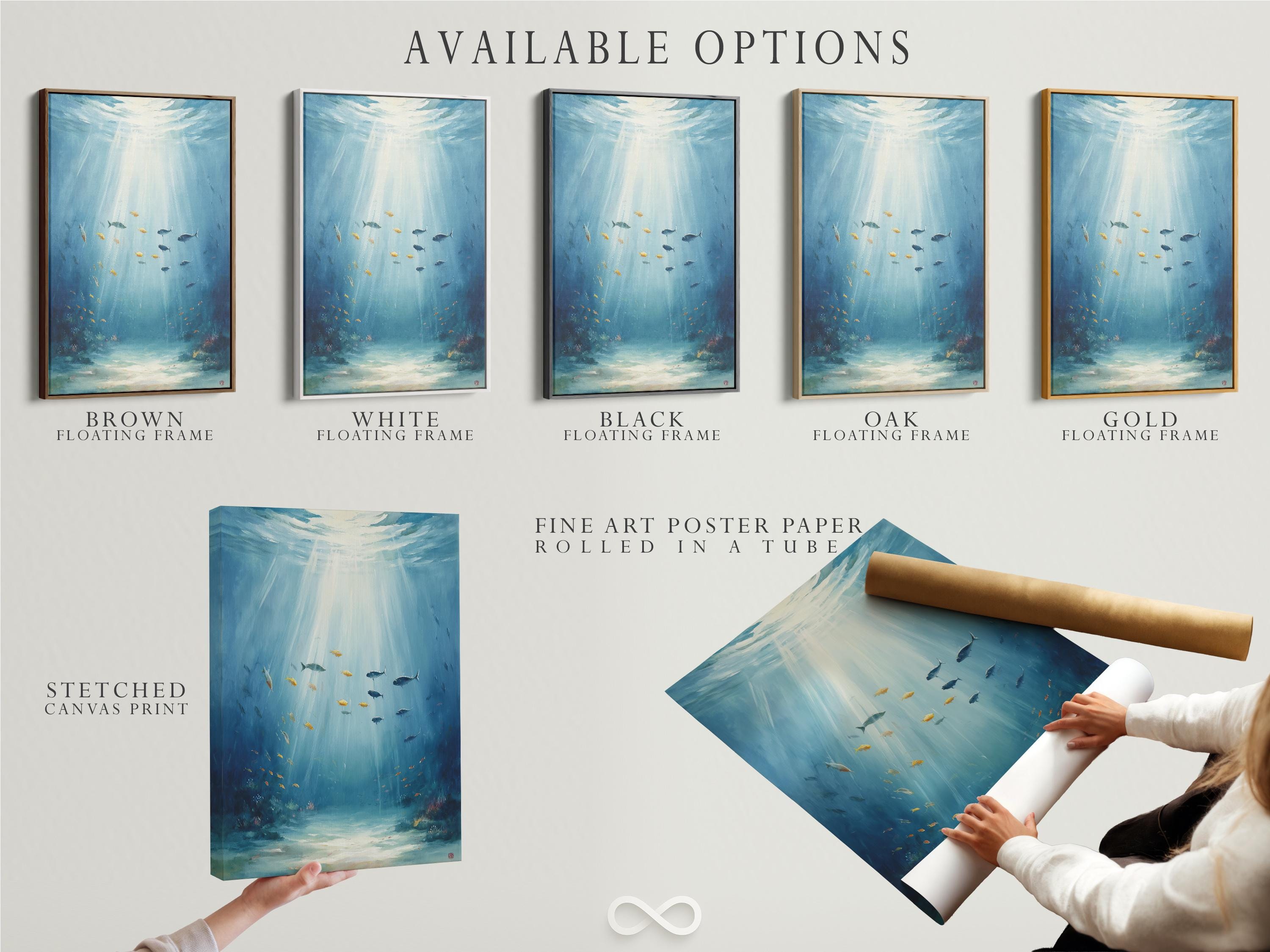 Bathroom wall mockup showing framed underwater fish artwork in aqua and blue