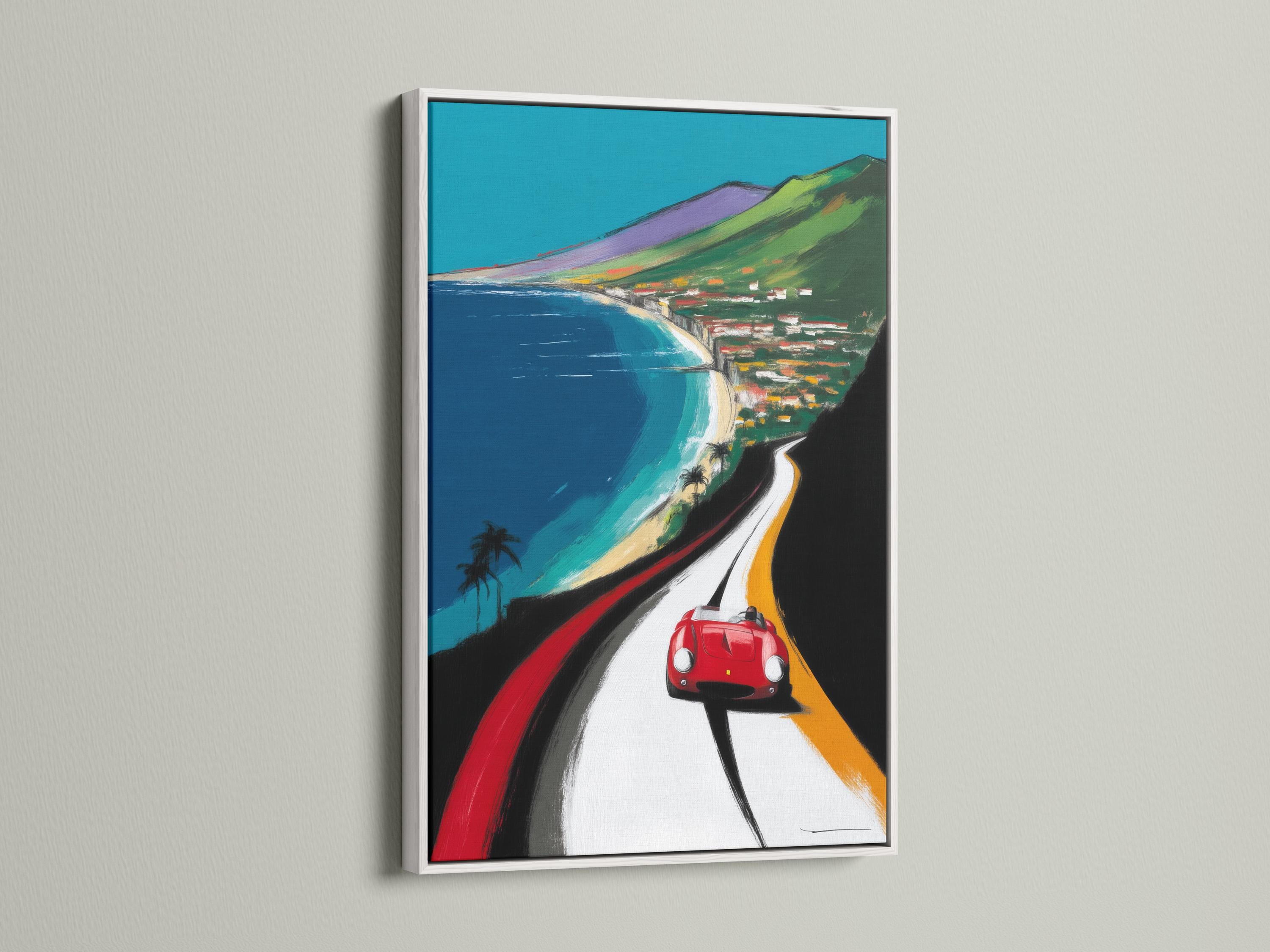 Wall mockup showing a framed artwork of a red sports car on a coastal road with turquoise water