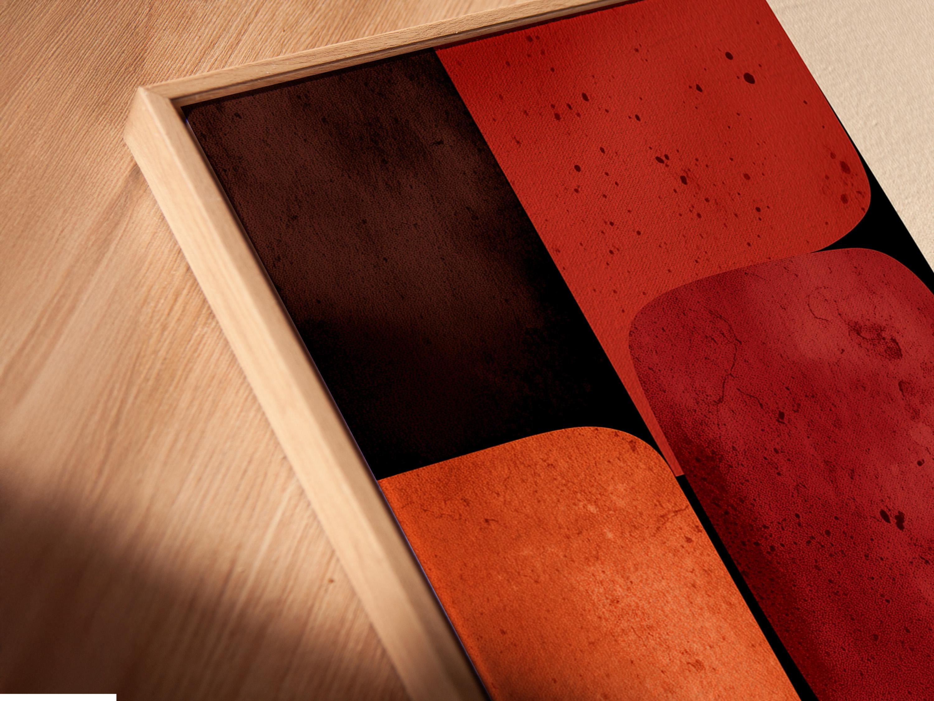 Abstract geometric artwork with rounded rectangles in burnt sienna, terracotta, deep red and cream detail view