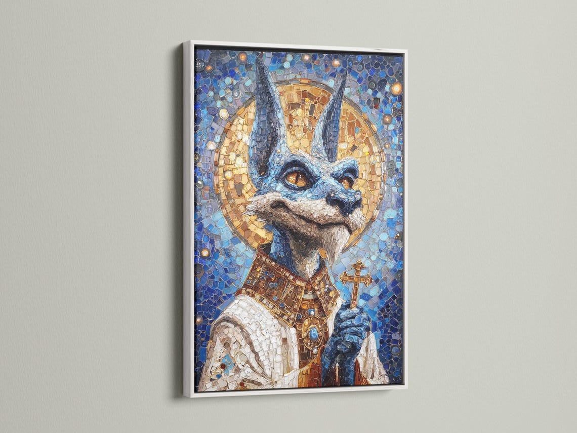 Blue and gold mosaic jackal figure with sparkling highlights detail view
