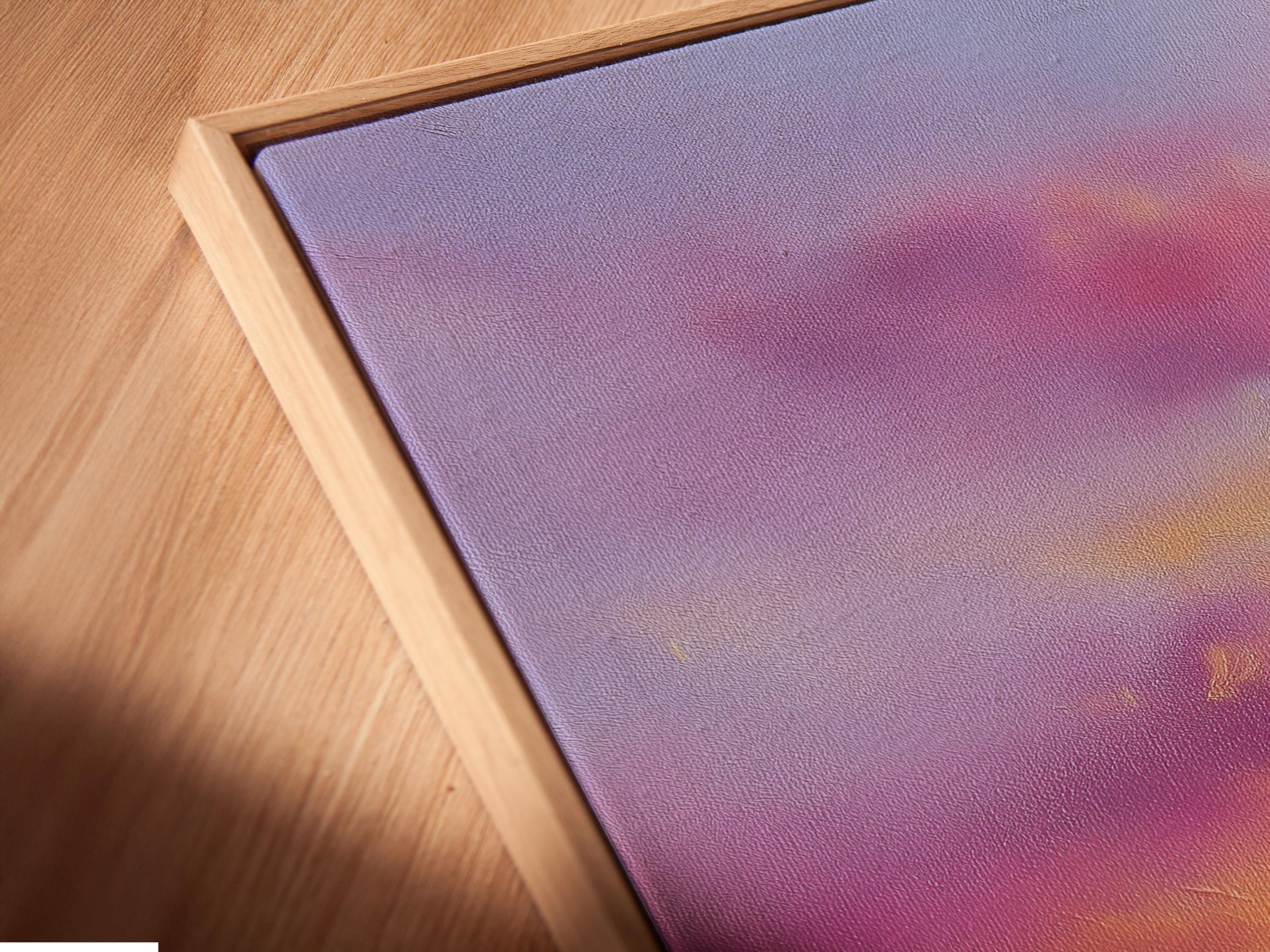 Purple and pink mountain sunset landscape with small birds in flight detail view